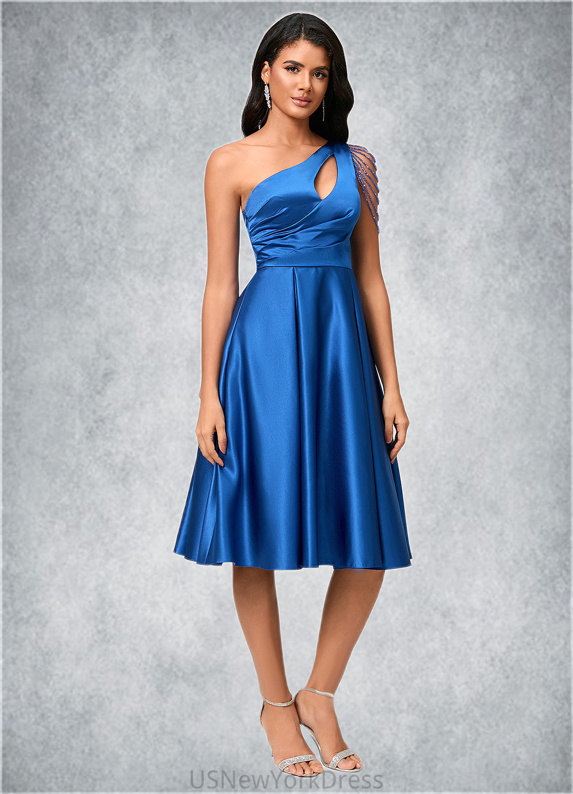 Allison A-line One Shoulder Knee-Length Satin Cocktail Dress With Beading Pleated DJP0022531