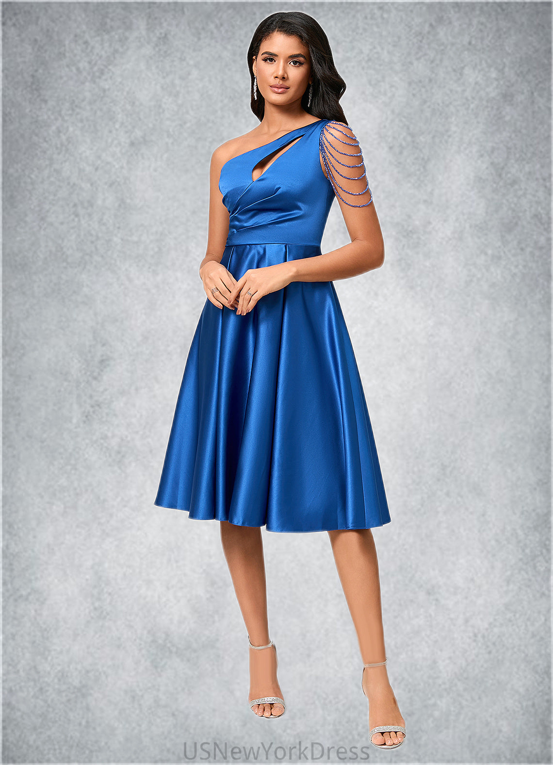 Allison A-line One Shoulder Knee-Length Satin Cocktail Dress With Beading Pleated DJP0022531