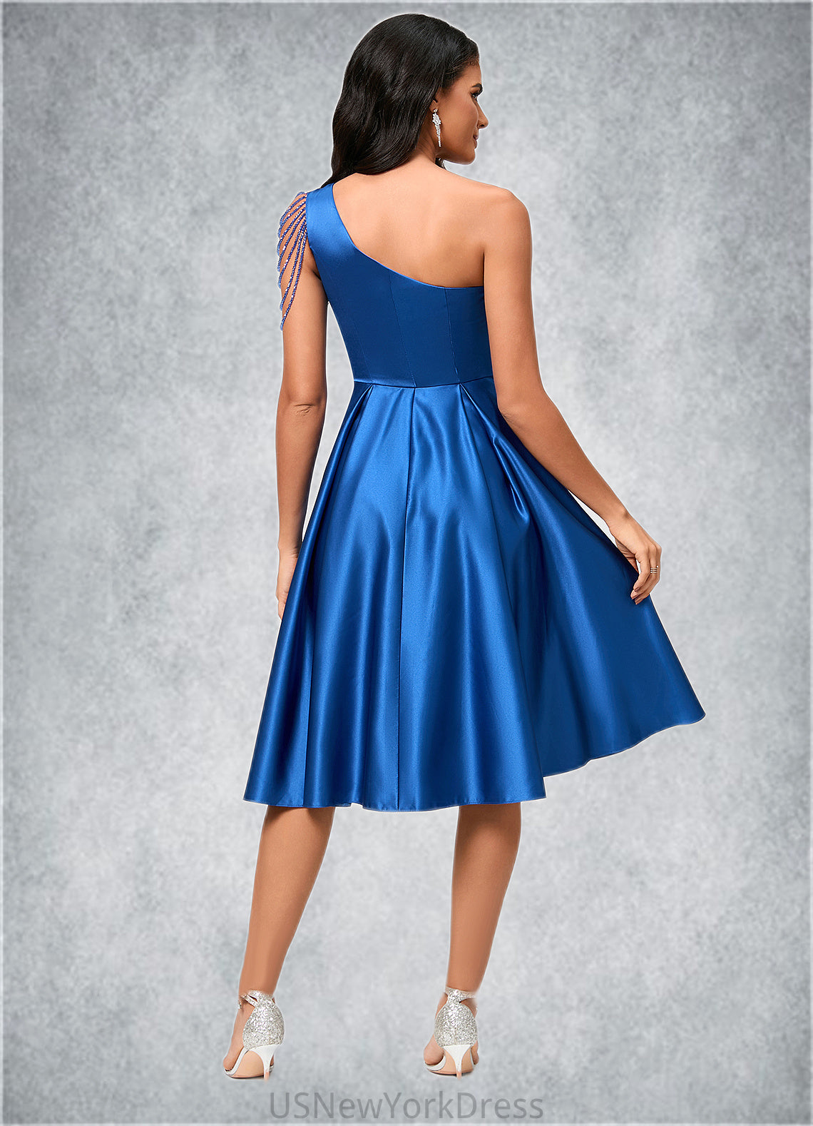 Allison A-line One Shoulder Knee-Length Satin Cocktail Dress With Beading Pleated DJP0022531