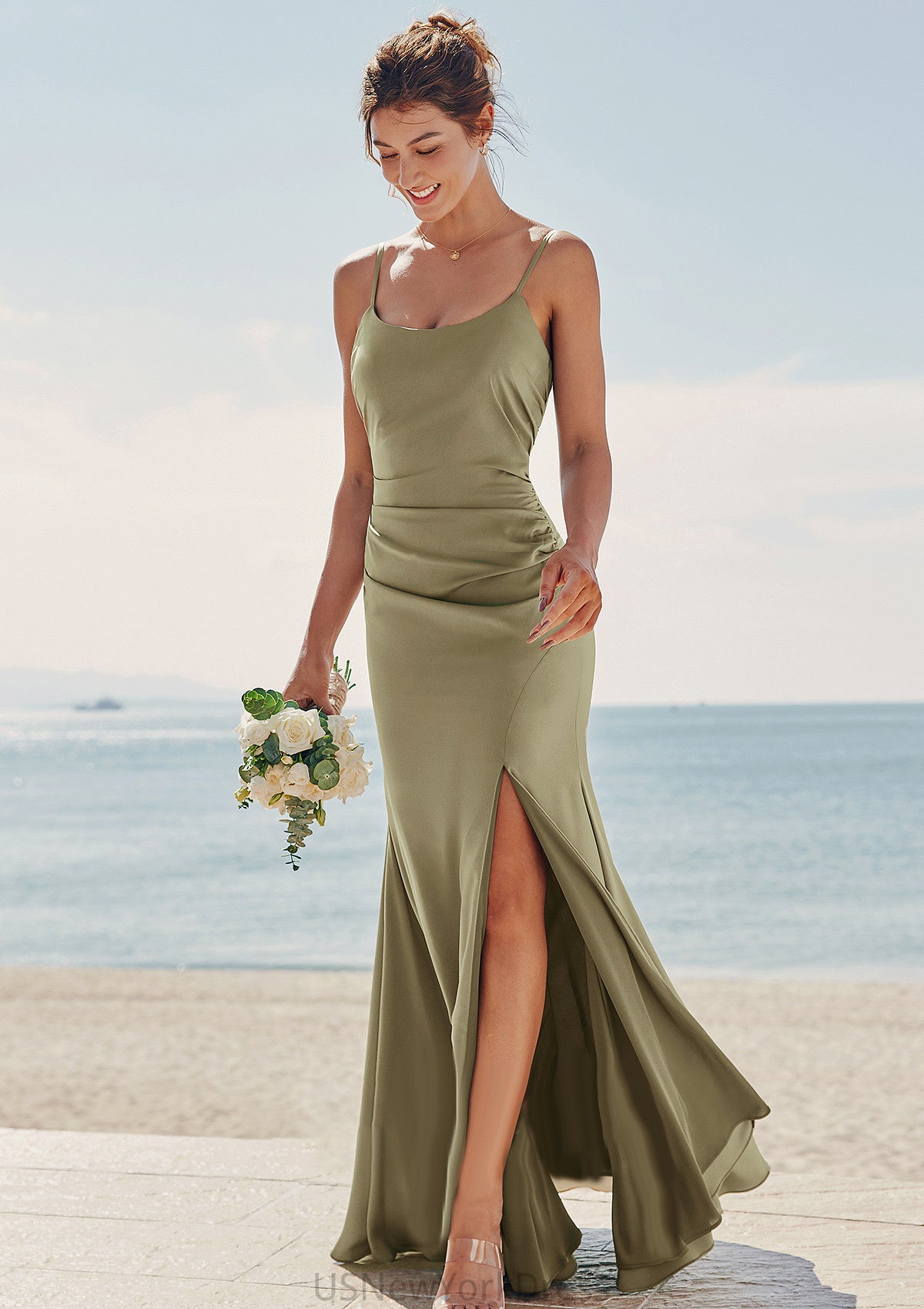 Trumpet/Mermaid Scoop Neck Sleeveless Floor-Length Stretch Satin Bridesmaid Dresses with Pleated Split Alaina DJP0025219