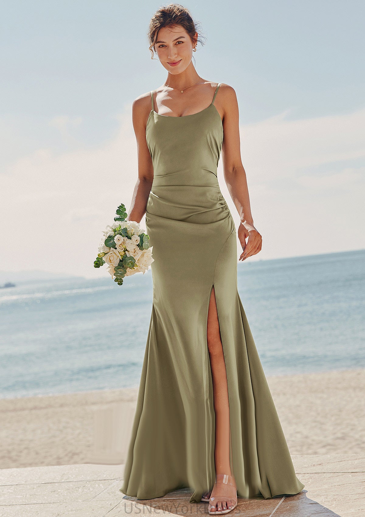 Trumpet/Mermaid Scoop Neck Sleeveless Floor-Length Stretch Satin Bridesmaid Dresses with Pleated Split Alaina DJP0025219