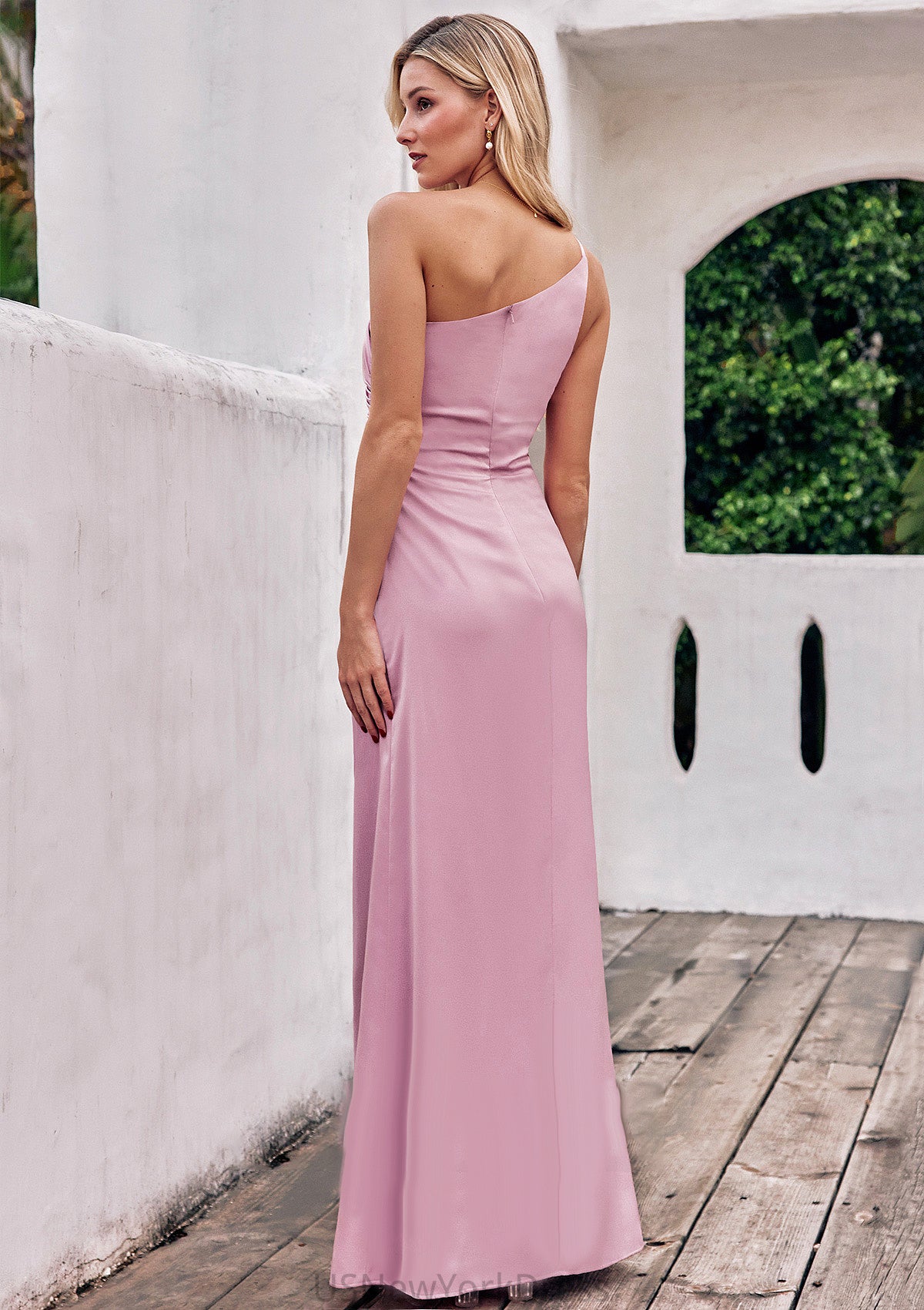 Sheath/Column One-Shoulder Sleeveless Floor-Length Stretch Satin Bridesmaid Dresses with Pleated Karina DJP0025221