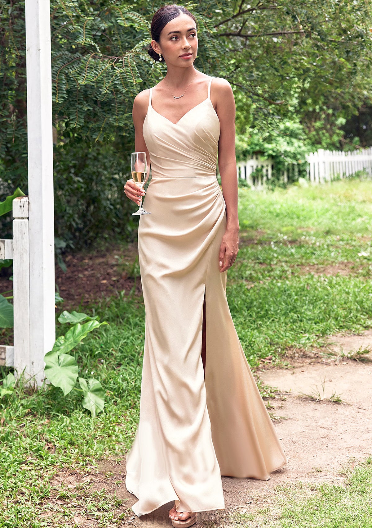 Sheath/Column V Neck Sleeveless Floor-Length Stretch Satin Bridesmaid Dresses with Pleated Split Saniyah DJP0025222