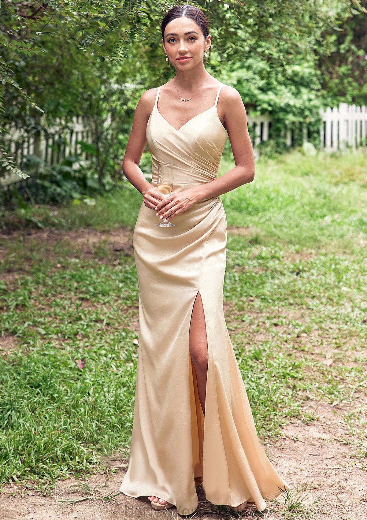 Sheath/Column V Neck Sleeveless Floor-Length Stretch Satin Bridesmaid Dresses with Pleated Split Saniyah DJP0025222