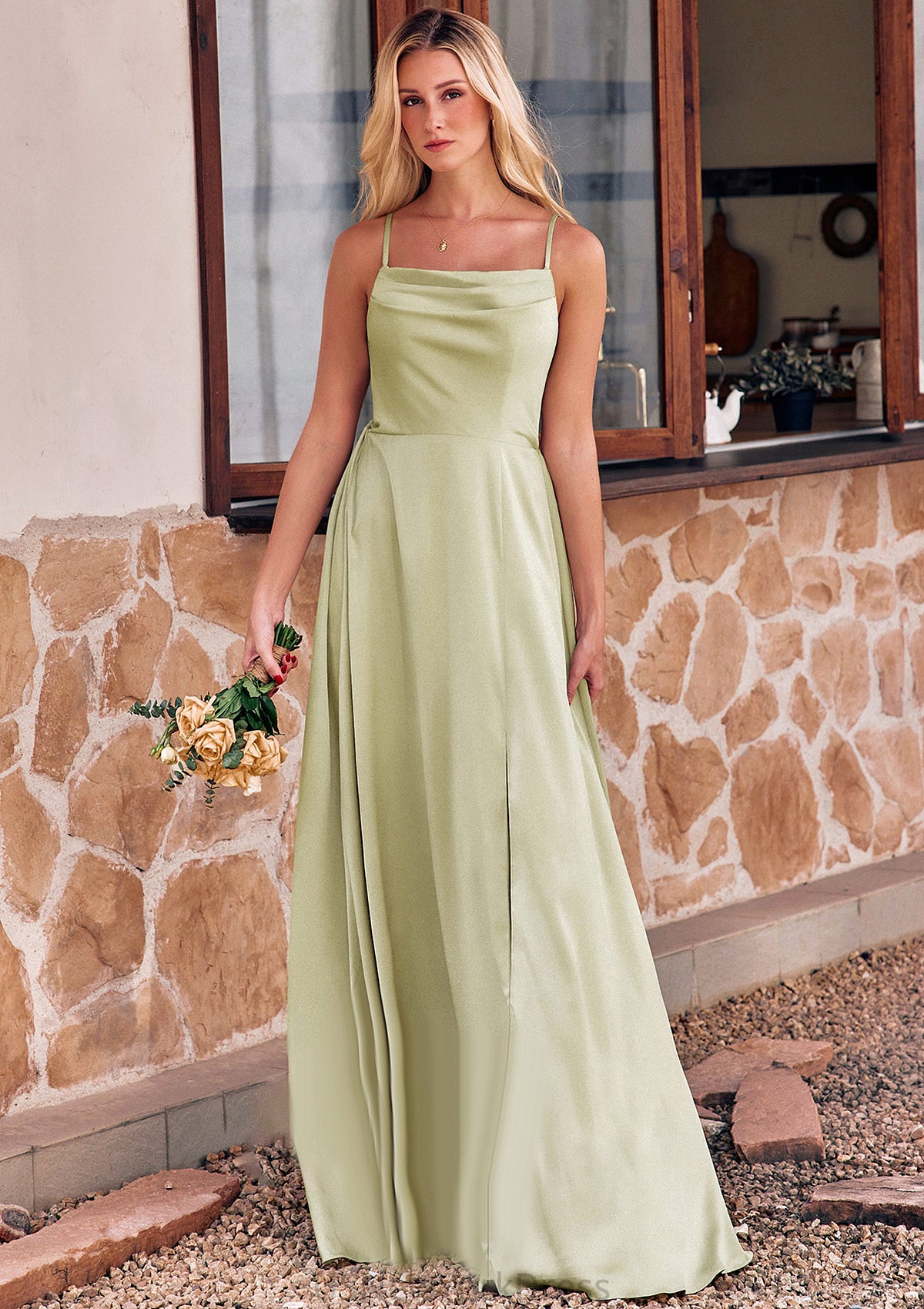 A-line Square Neckline Sleeveless Floor-Length Stretch Satin Bridesmaid Dresses with Bowknot Split Skylar DJP0025223