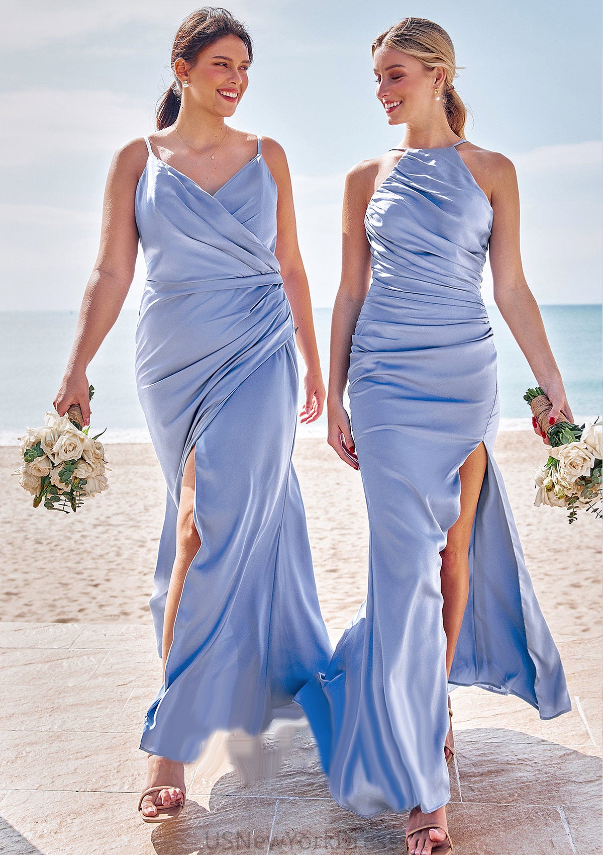 Sheath/Column Halter Sleeveless Floor-Length Stretch Satin Bridesmaid Dresses with Pleated Split Alena DJP0025224