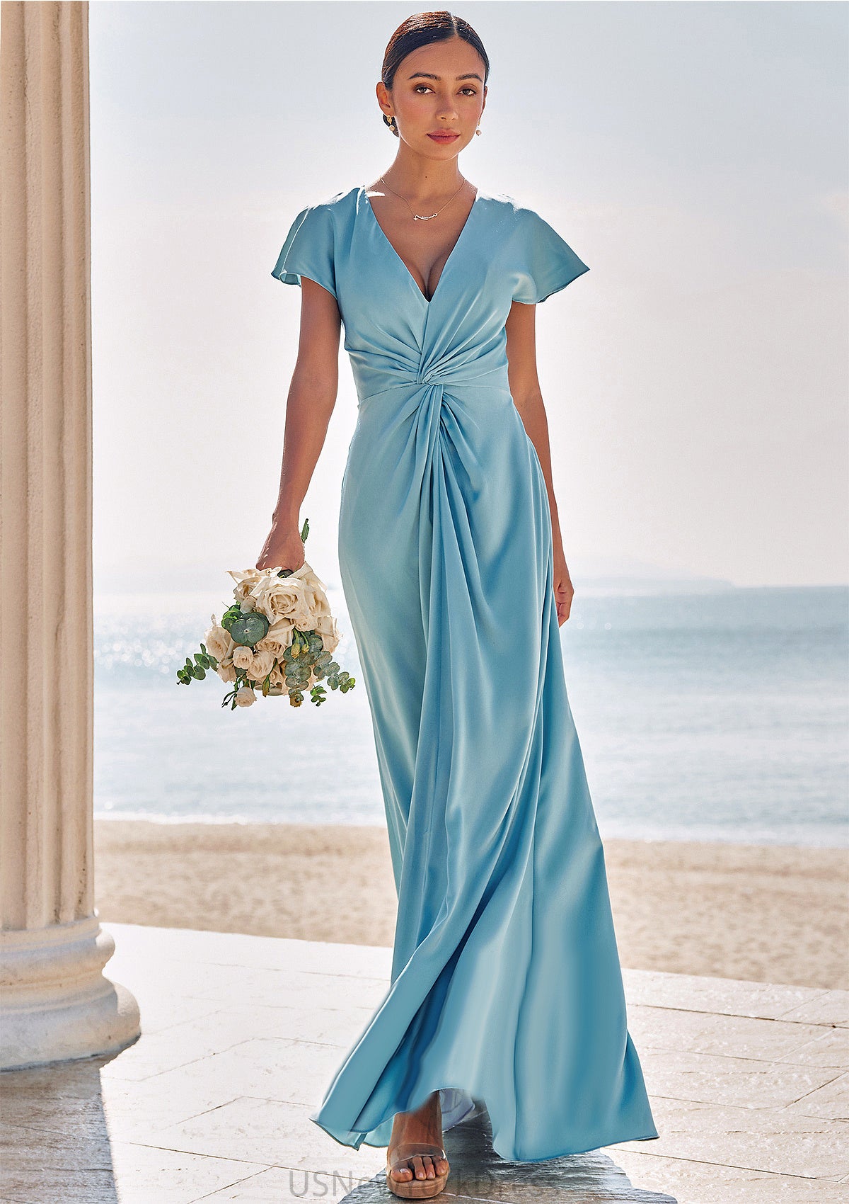 Sheath/Column V Neck Short Sleeve Floor-Length Stretch Satin Bridesmaid Dresses with Pleated Bianca DJP0025225