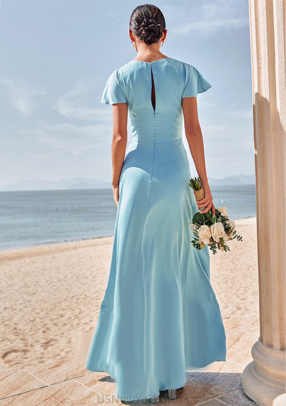 Sheath/Column V Neck Short Sleeve Floor-Length Stretch Satin Bridesmaid Dresses with Pleated Bianca DJP0025225