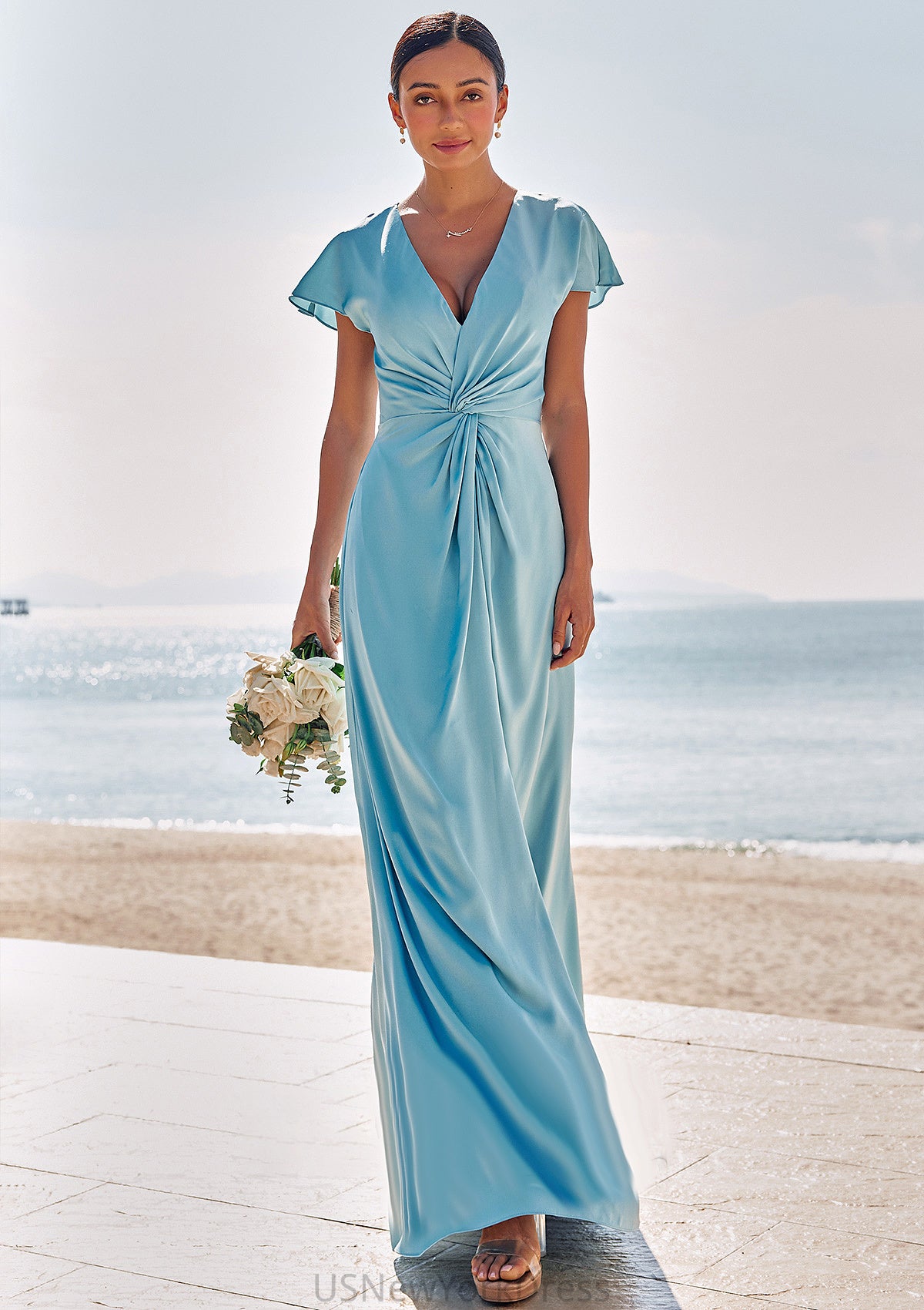 Sheath/Column V Neck Short Sleeve Floor-Length Stretch Satin Bridesmaid Dresses with Pleated Bianca DJP0025225