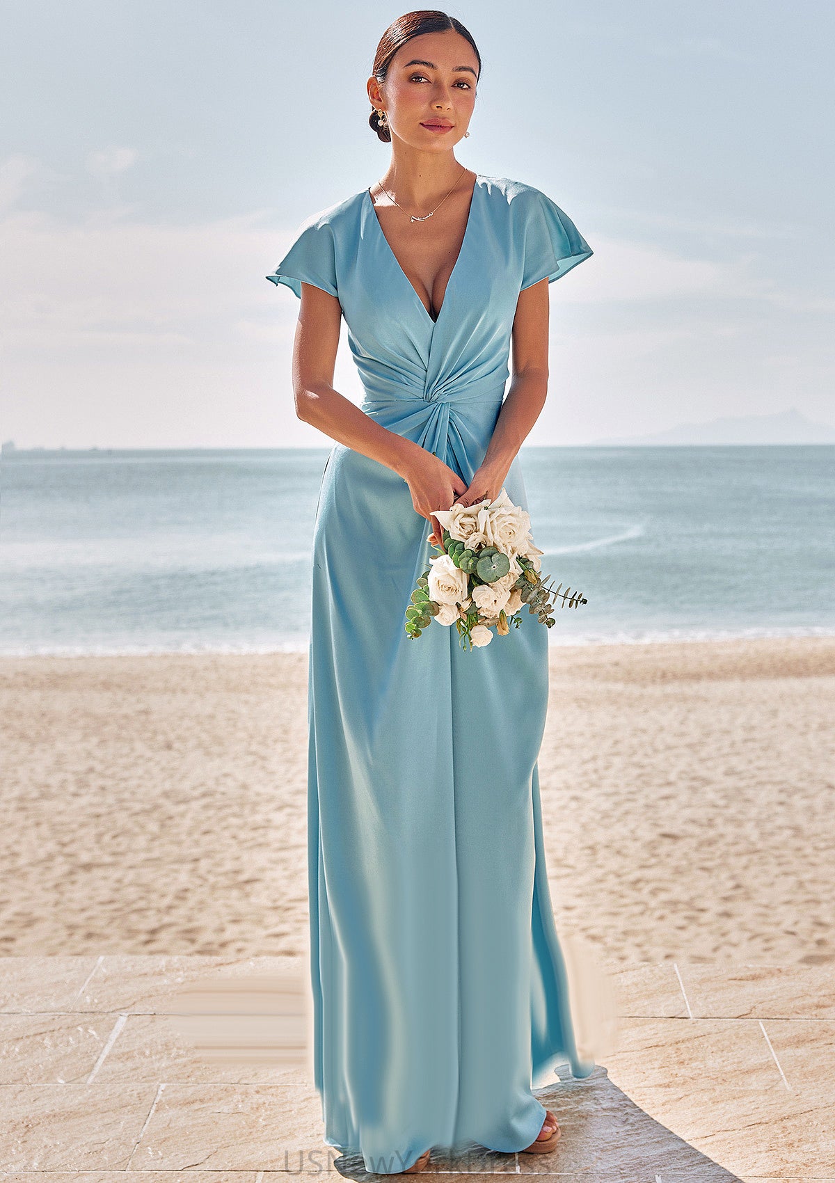 Sheath/Column V Neck Short Sleeve Floor-Length Stretch Satin Bridesmaid Dresses with Pleated Bianca DJP0025225