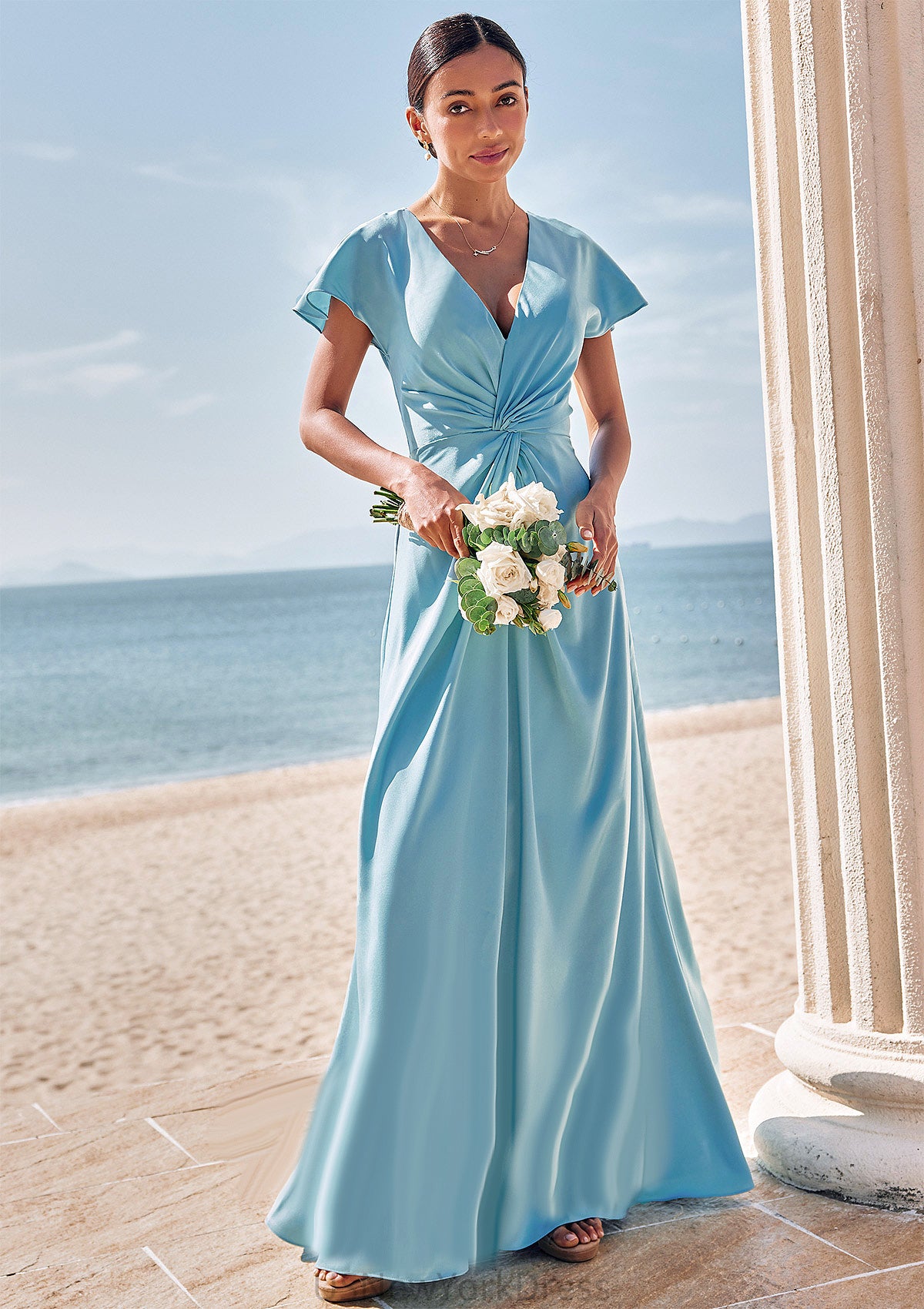 Sheath/Column V Neck Short Sleeve Floor-Length Stretch Satin Bridesmaid Dresses with Pleated Bianca DJP0025225