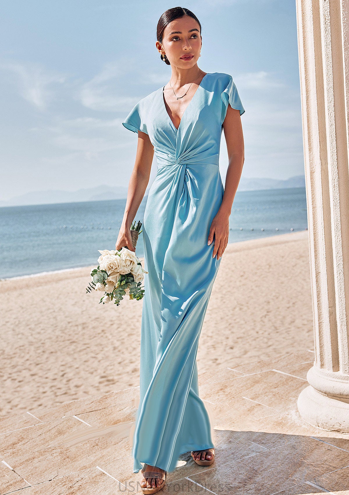 Sheath/Column V Neck Short Sleeve Floor-Length Stretch Satin Bridesmaid Dresses with Pleated Bianca DJP0025225