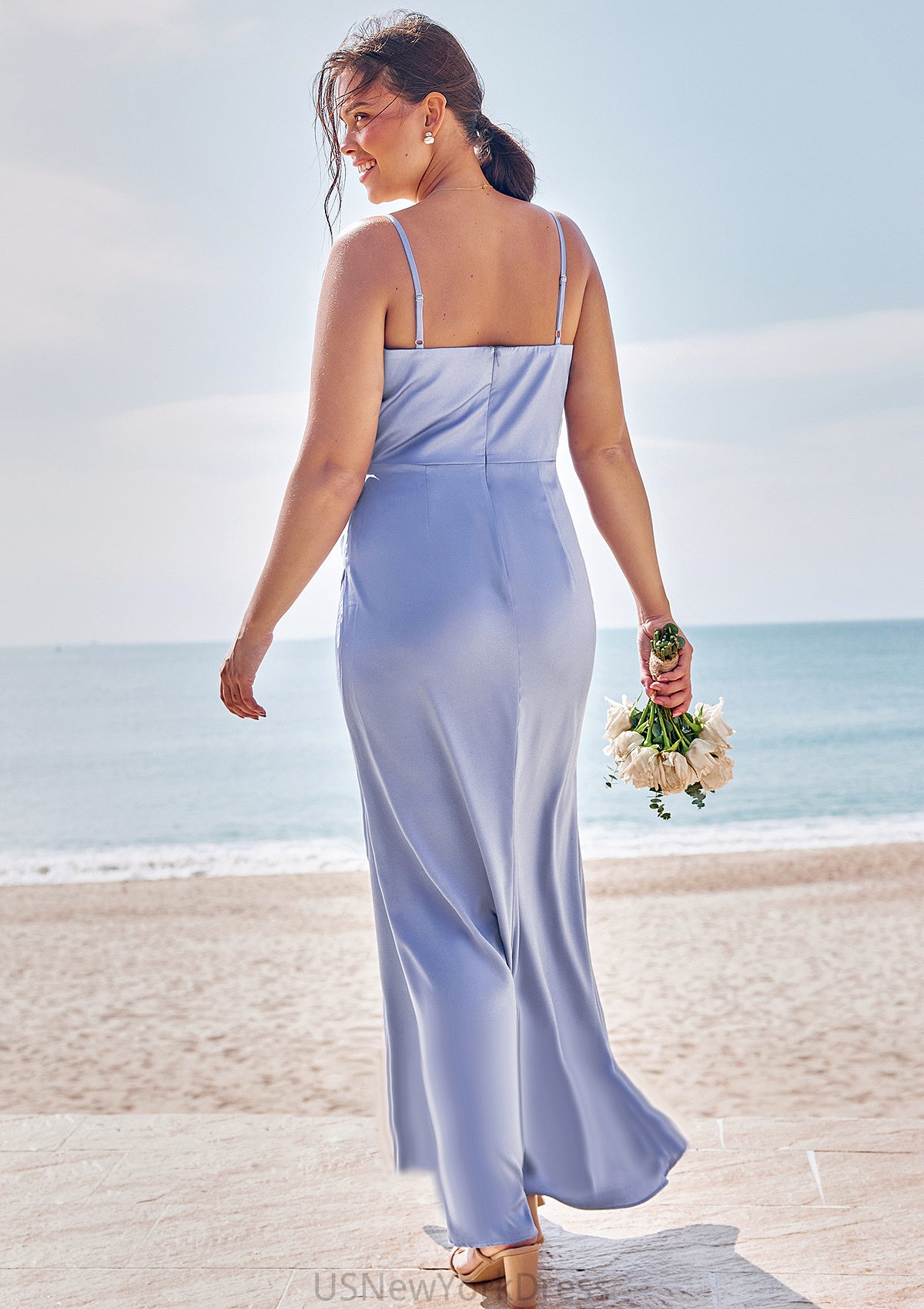 Sheath/Column V Neck Sleeveless Floor-Length Stretch Satin Bridesmaid Dresses with Pleated Split Kristina DJP0025227