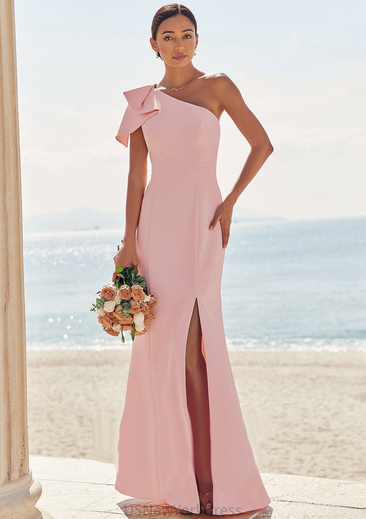 Sheath/Column One-Shoulder Sleeveless Floor-Length Stretch Crepe Bridesmaid Dresses with Bowknot Split Maisie DJP0025230