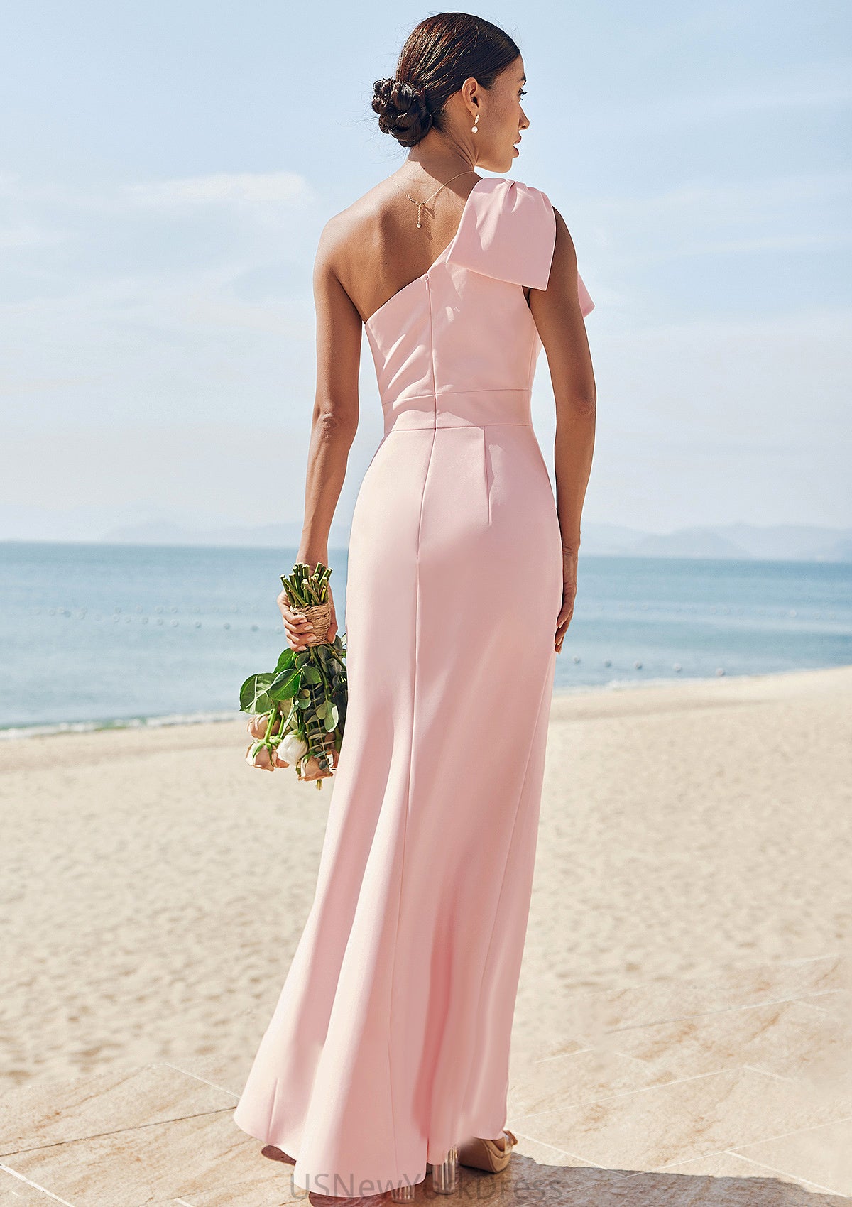 Sheath/Column One-Shoulder Sleeveless Floor-Length Stretch Crepe Bridesmaid Dresses with Bowknot Split Maisie DJP0025230