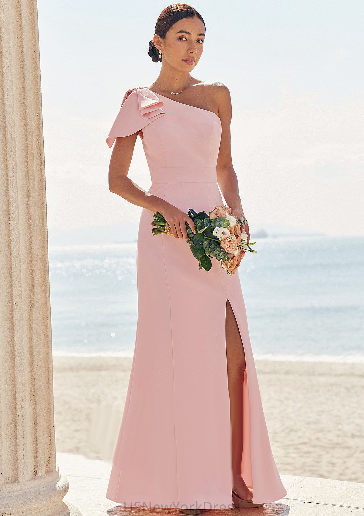 Sheath/Column One-Shoulder Sleeveless Floor-Length Stretch Crepe Bridesmaid Dresses with Bowknot Split Maisie DJP0025230