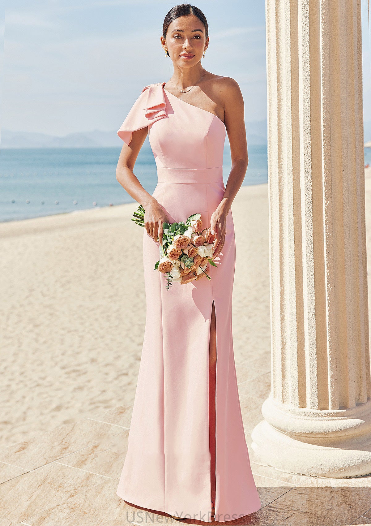 Sheath/Column One-Shoulder Sleeveless Floor-Length Stretch Crepe Bridesmaid Dresses with Bowknot Split Maisie DJP0025230