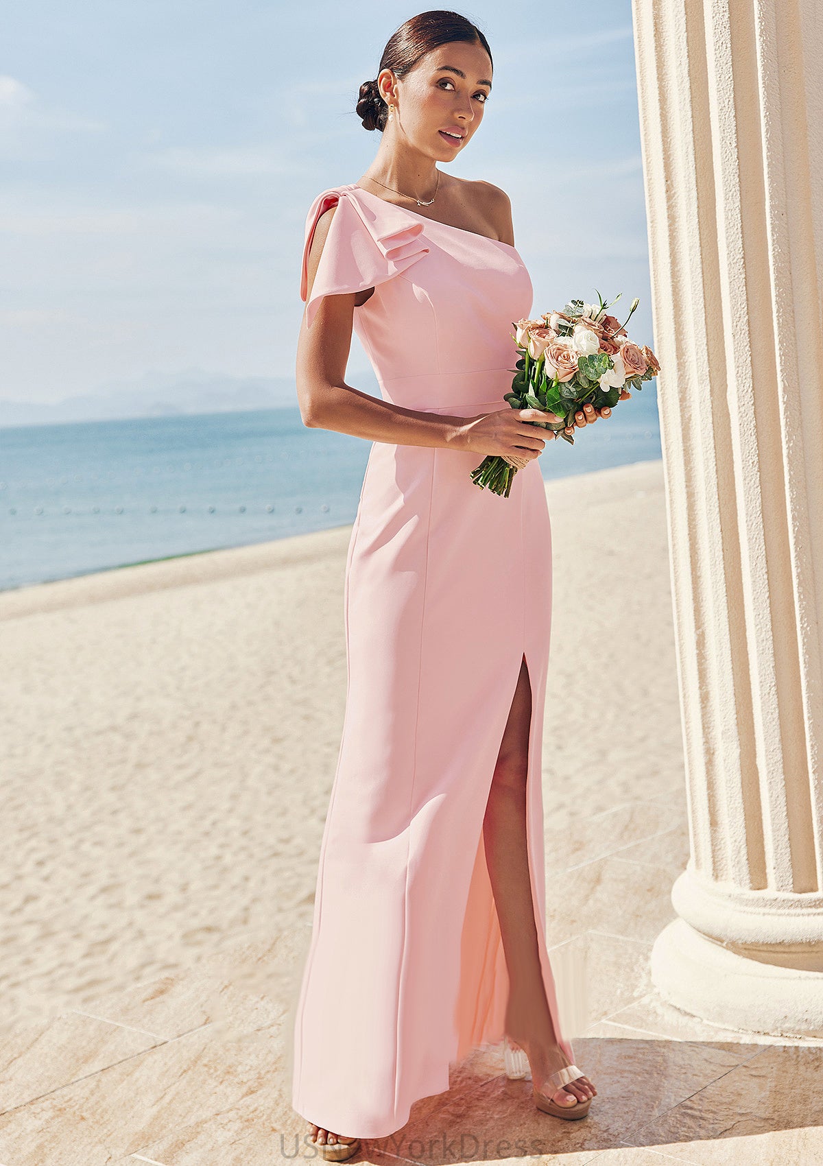 Sheath/Column One-Shoulder Sleeveless Floor-Length Stretch Crepe Bridesmaid Dresses with Bowknot Split Maisie DJP0025230