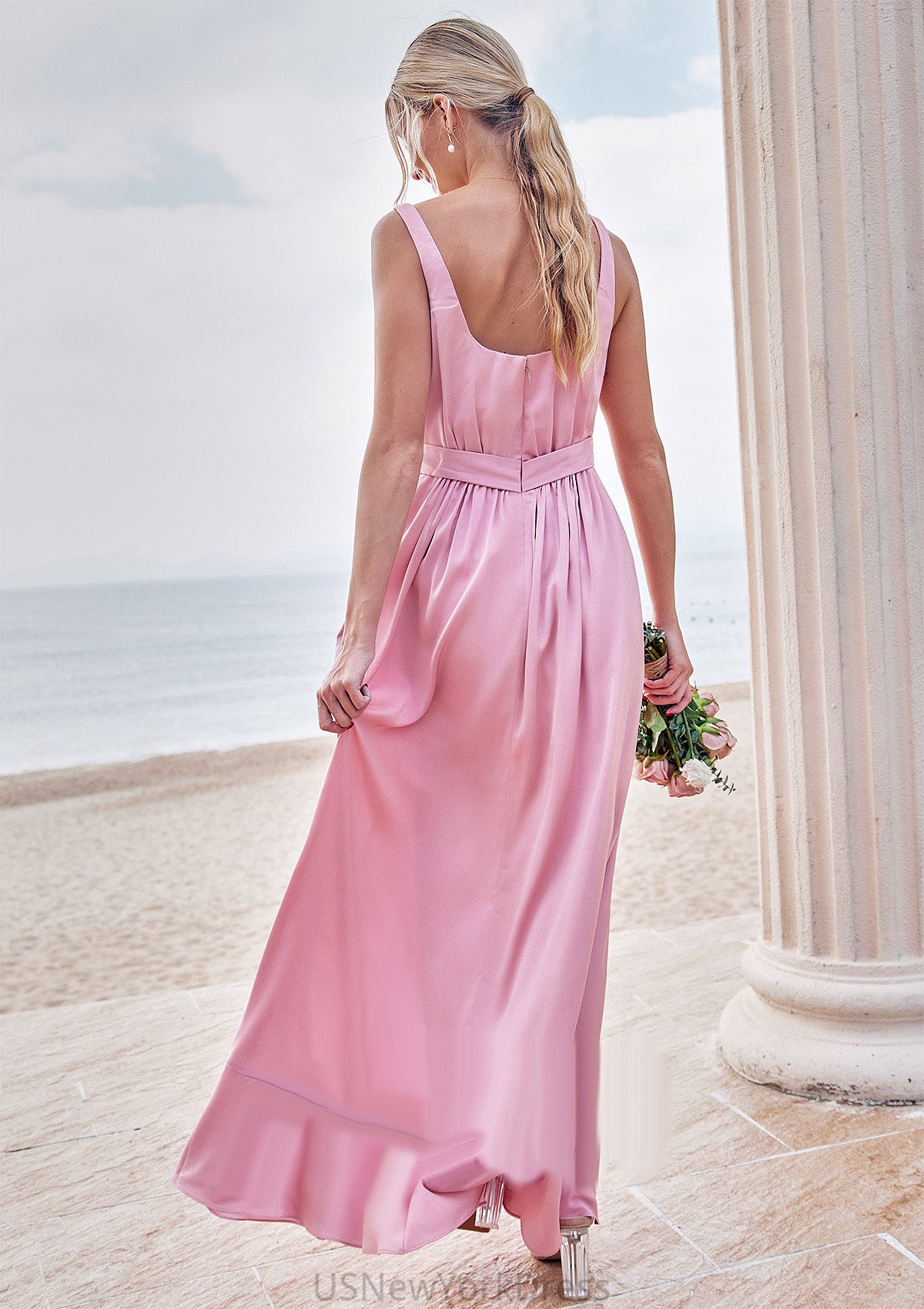 A-line Square Neckline Sleeveless Ankle-Length Stretch Satin Bridesmaid Dresses Mackenzie DJP0025231