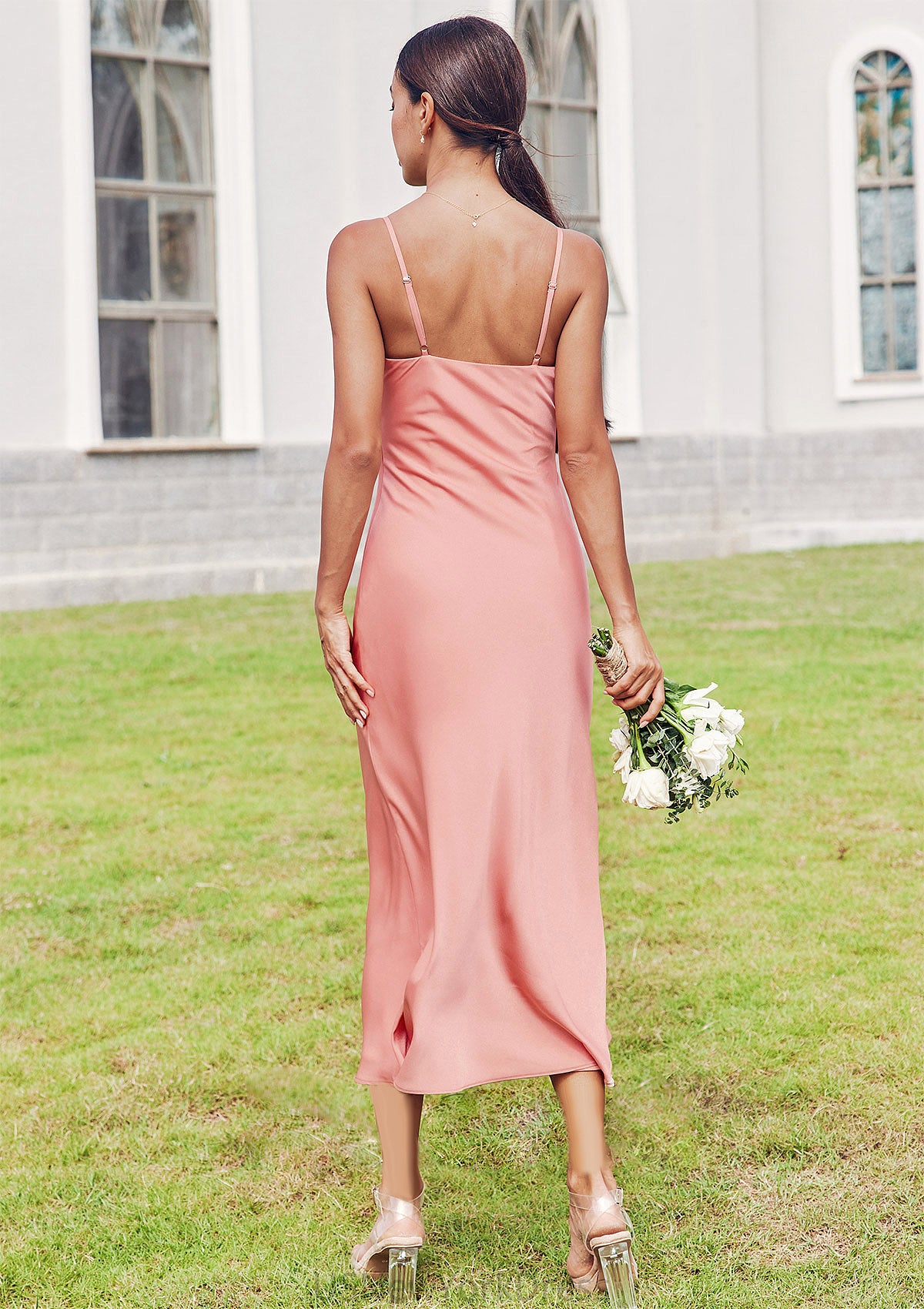 Sheath/Column Cowl Neck Sleeveless Tea-Length Stretch Satin Bridesmaid Dresses Jewel DJP0025232