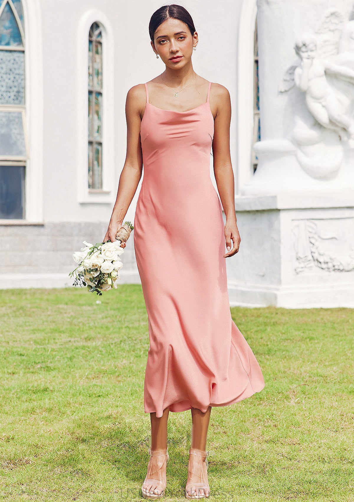 Sheath/Column Cowl Neck Sleeveless Tea-Length Stretch Satin Bridesmaid Dresses Jewel DJP0025232