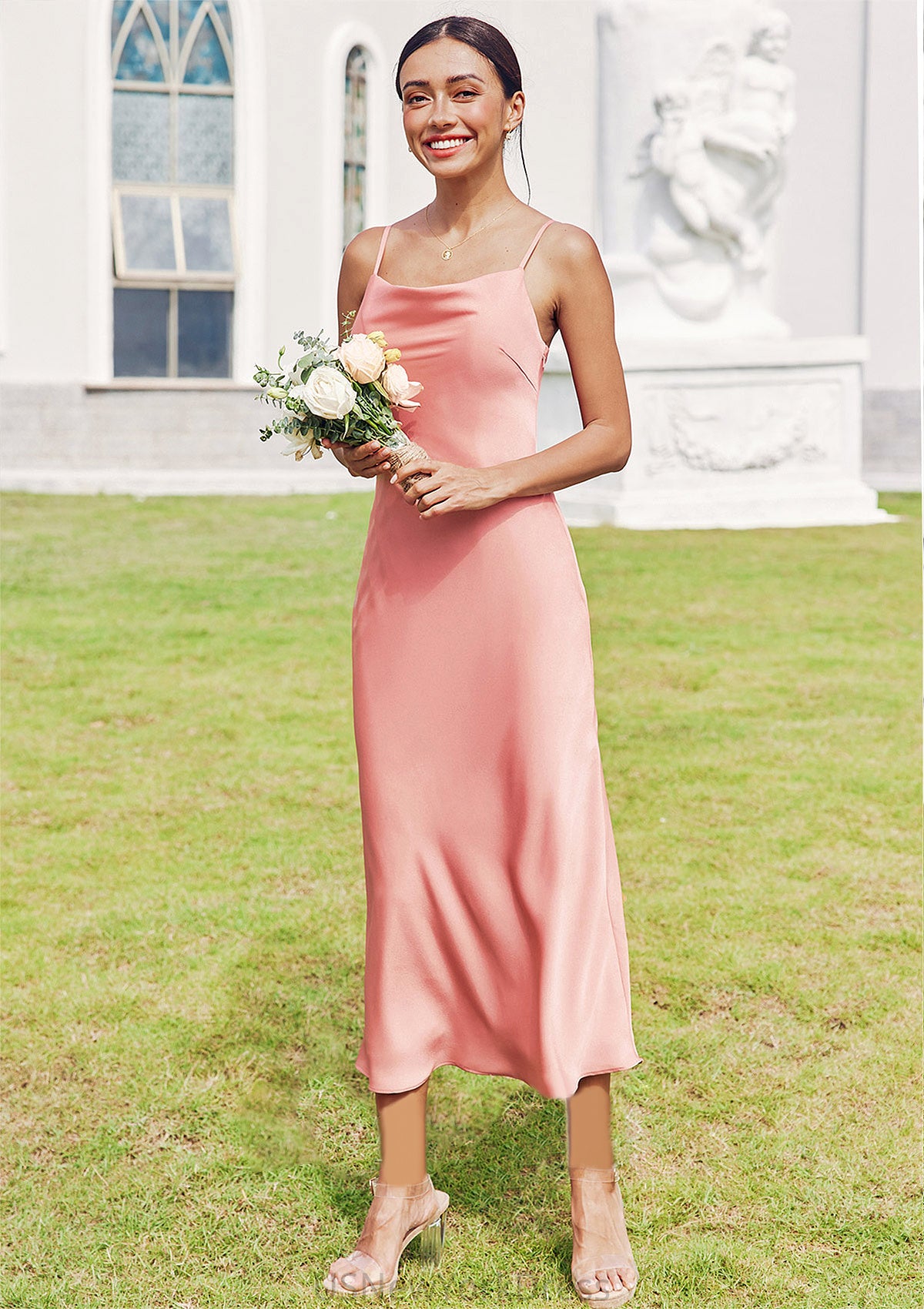 Sheath/Column Cowl Neck Sleeveless Tea-Length Stretch Satin Bridesmaid Dresses Jewel DJP0025232