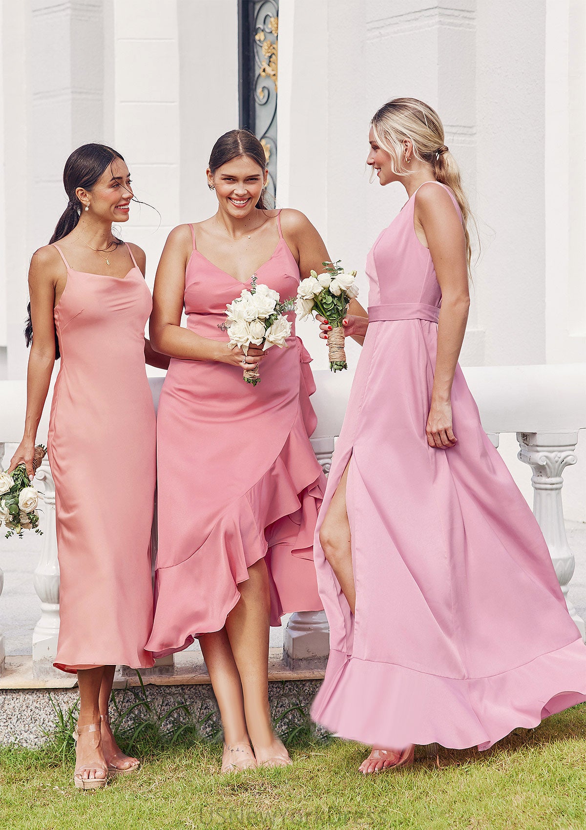 Sheath/Column Cowl Neck Sleeveless Tea-Length Stretch Satin Bridesmaid Dresses Jewel DJP0025232