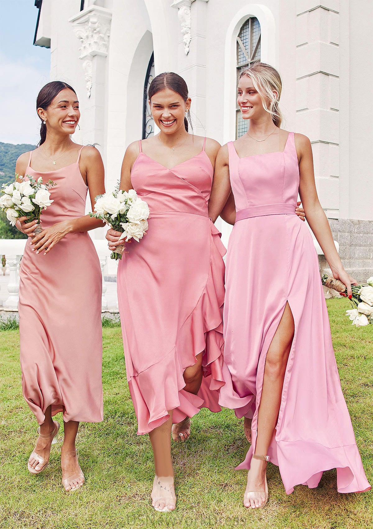 Sheath/Column Cowl Neck Sleeveless Tea-Length Stretch Satin Bridesmaid Dresses Jewel DJP0025232