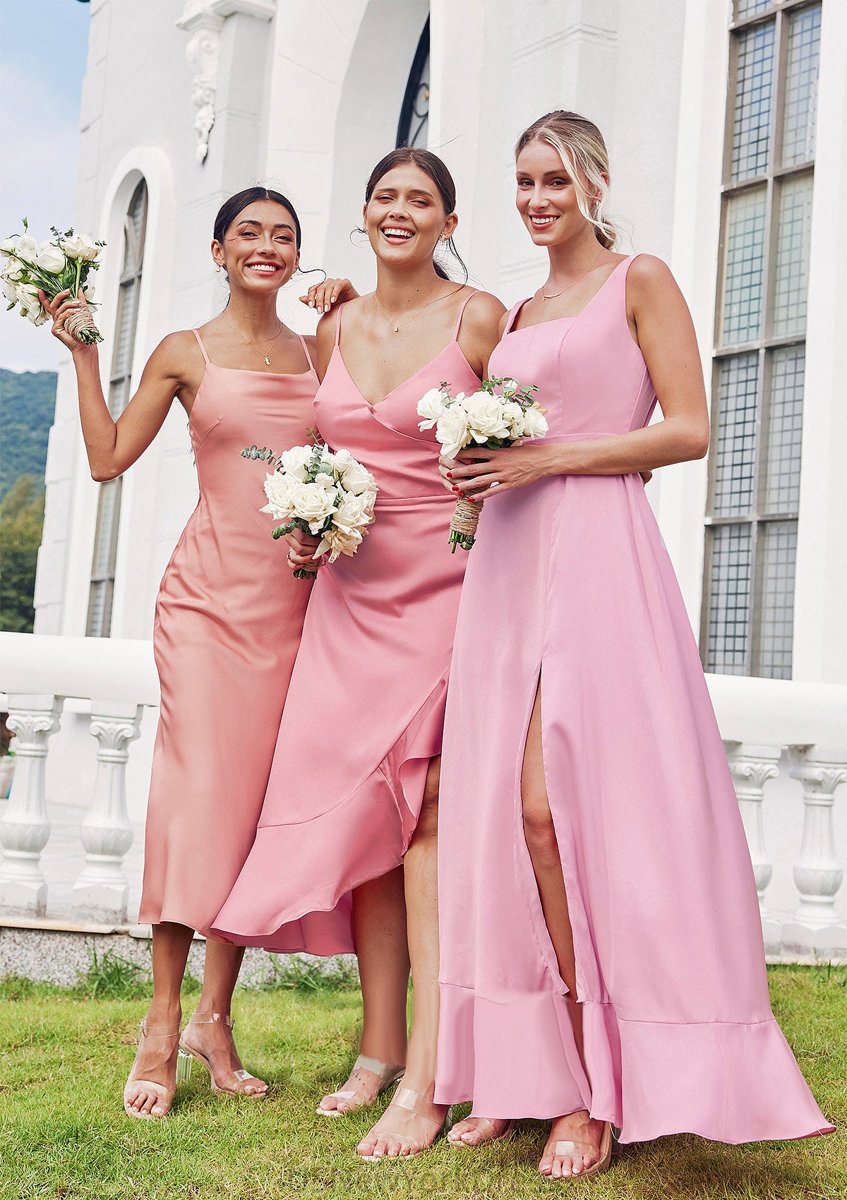 Sheath/Column Cowl Neck Sleeveless Tea-Length Stretch Satin Bridesmaid Dresses Jewel DJP0025232