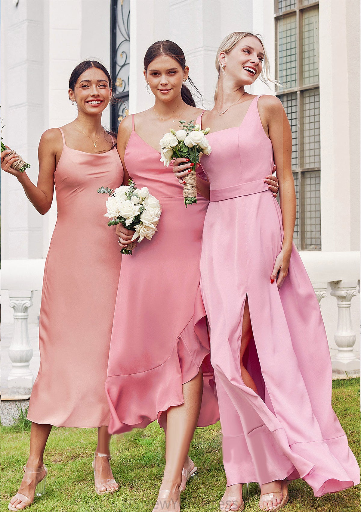 Sheath/Column Cowl Neck Sleeveless Tea-Length Stretch Satin Bridesmaid Dresses Jewel DJP0025232