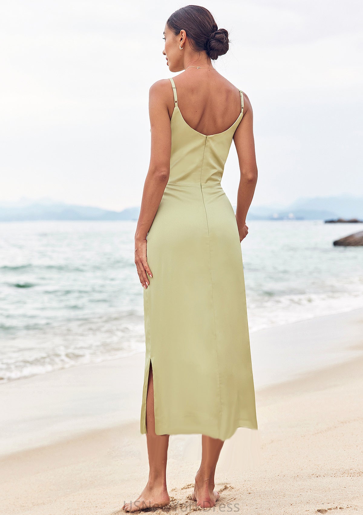 Sheath/Column V Neck Sleeveless Tea-Length Stretch Satin Bridesmaid Dresses with Pleated Split Aryanna DJP0025233