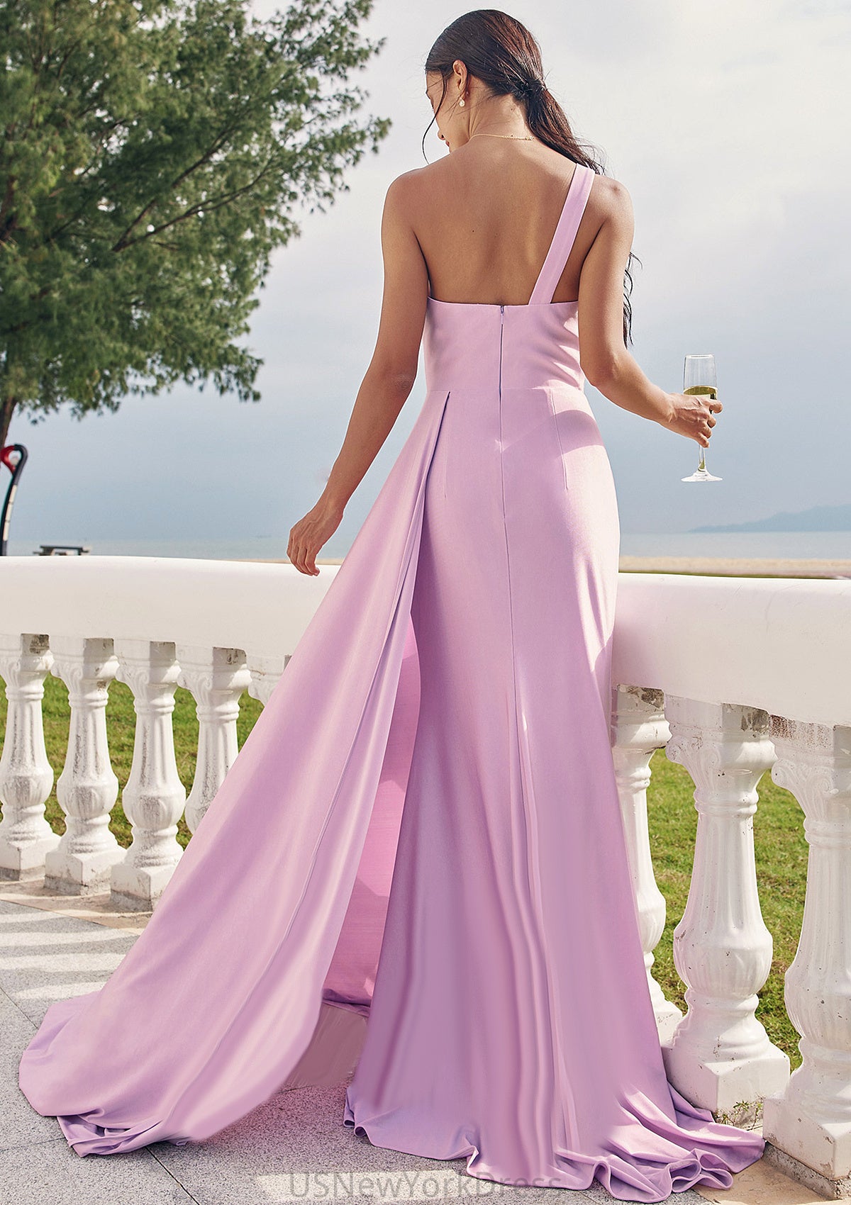 Trumpet/Mermaid One-Shoulder Sleeveless Floor-Length Jersey Bridesmaid Dresses with Pleated Side Draping Louisa DJP0025234