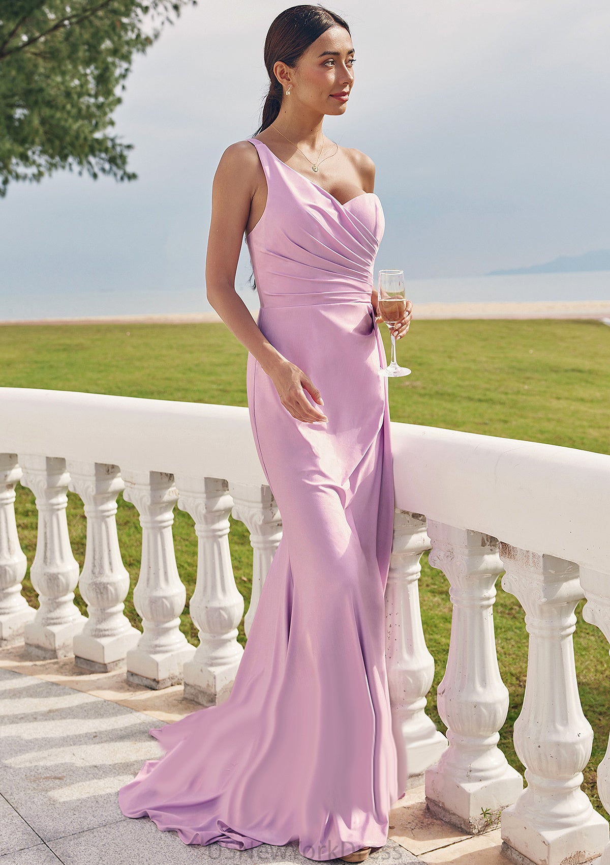 Trumpet/Mermaid One-Shoulder Sleeveless Floor-Length Jersey Bridesmaid Dresses with Pleated Side Draping Louisa DJP0025234