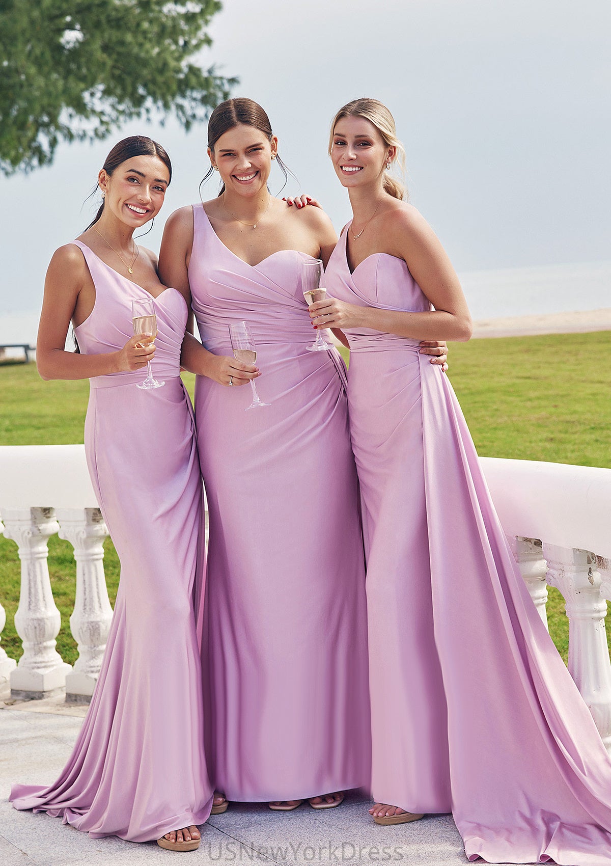 Trumpet/Mermaid One-Shoulder Sleeveless Floor-Length Jersey Bridesmaid Dresses with Pleated Side Draping Louisa DJP0025234