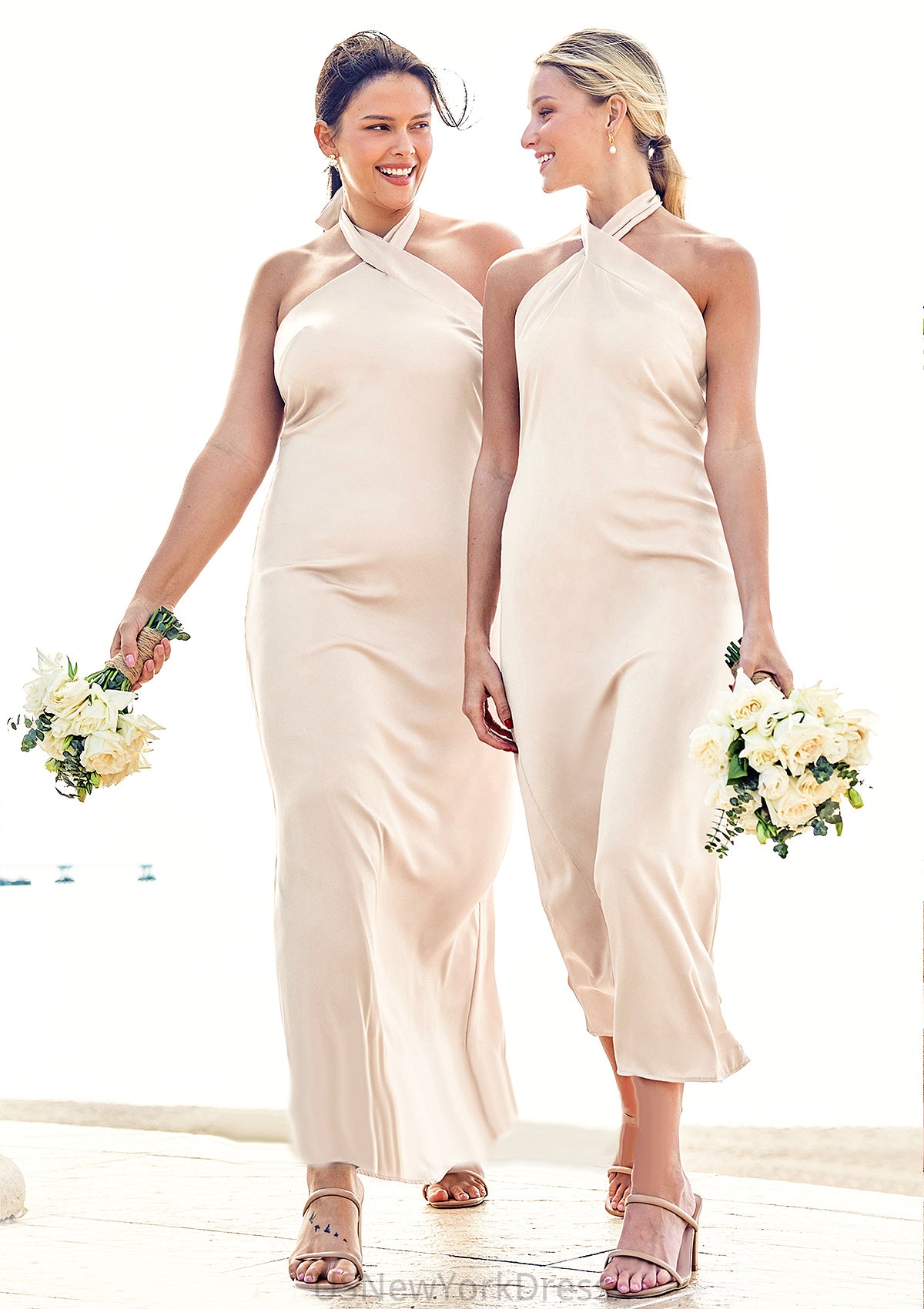 Sheath/Column Halter Sleeveless Ankle-Length Stretch Satin Bridesmaid Dresses with Bowknot Karen DJP0025236