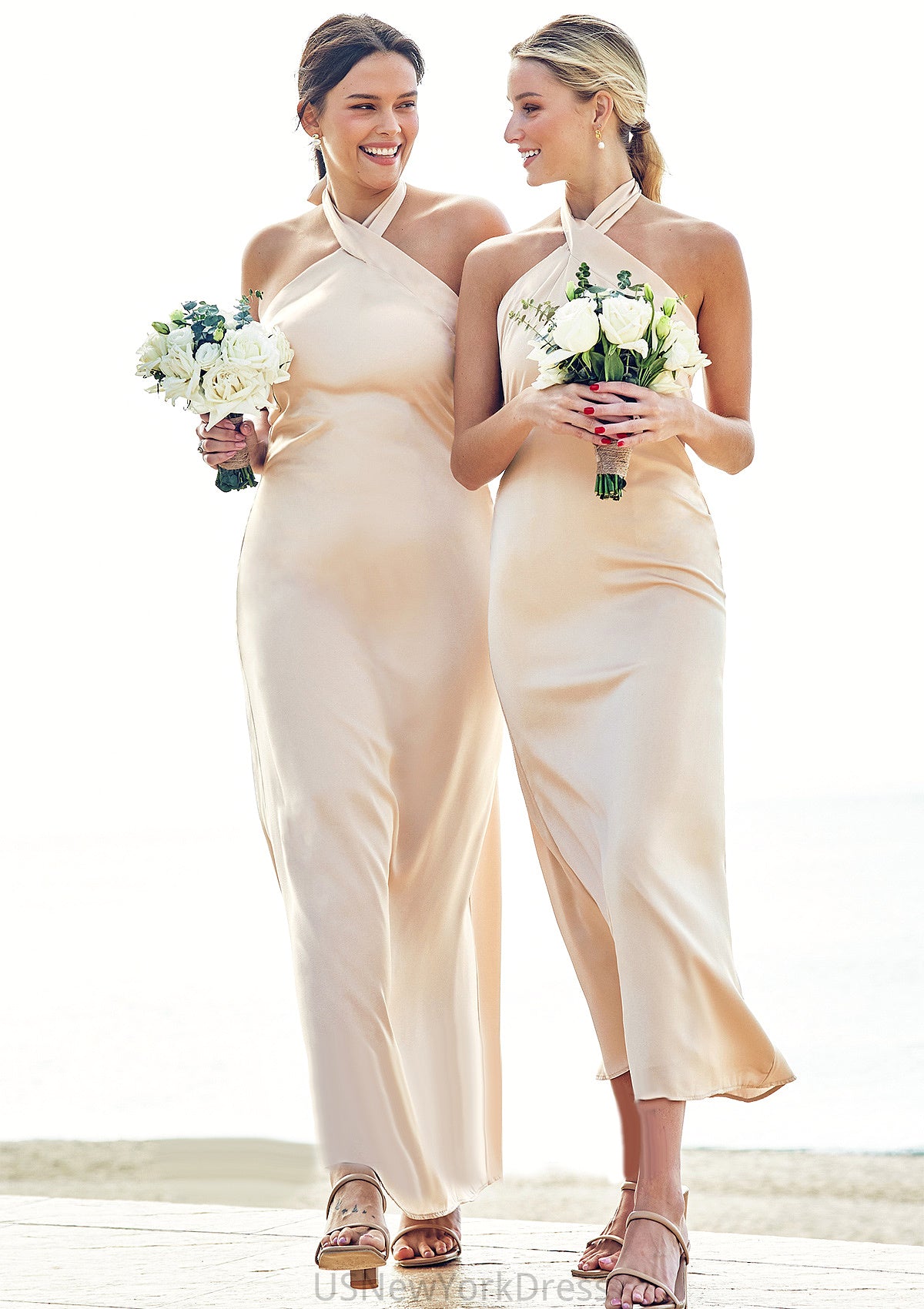 Sheath/Column Halter Sleeveless Ankle-Length Stretch Satin Bridesmaid Dresses with Bowknot Karen DJP0025236