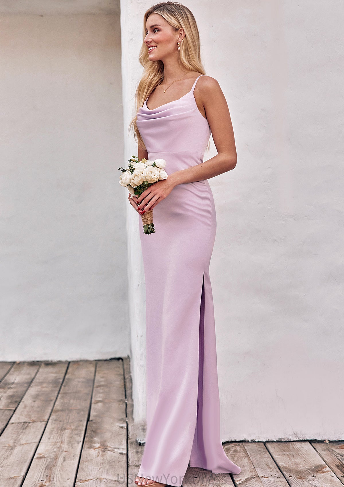 Sheath/Column Cowl Neck Sleeveless Floor-Length Stretch Satin Bridesmaid Dresses with Pleated Split Scarlet DJP0025242