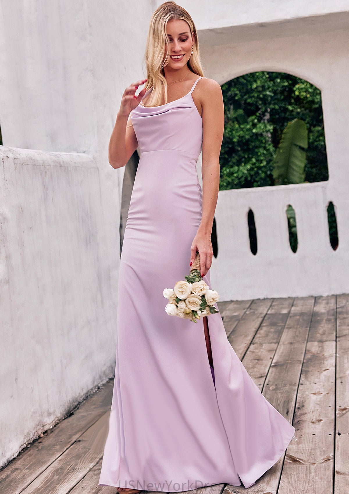 Sheath/Column Cowl Neck Sleeveless Floor-Length Stretch Satin Bridesmaid Dresses with Pleated Split Scarlet DJP0025242