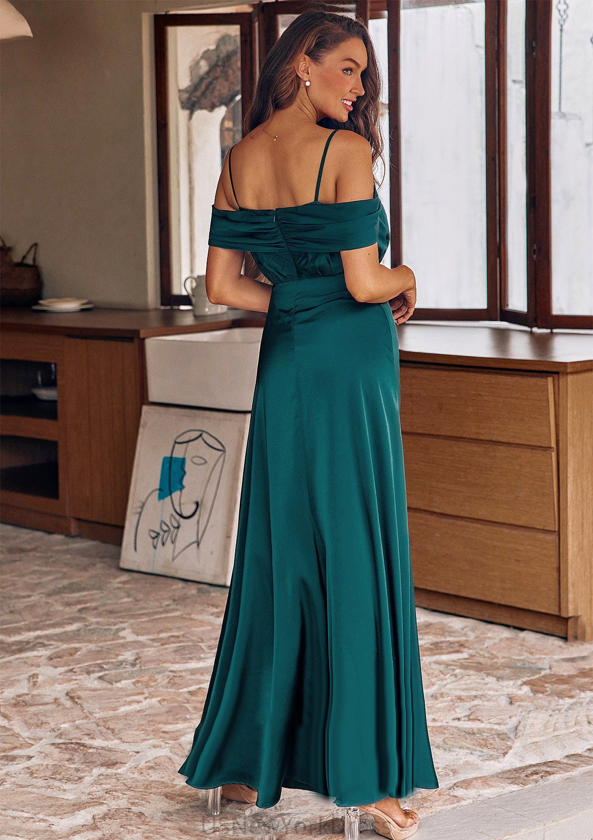 A-line Off-the-Shoulder Sleeveless Floor-Length Stretch Satin Bridesmaid Dresses with Pleated Jamya DJP0025243