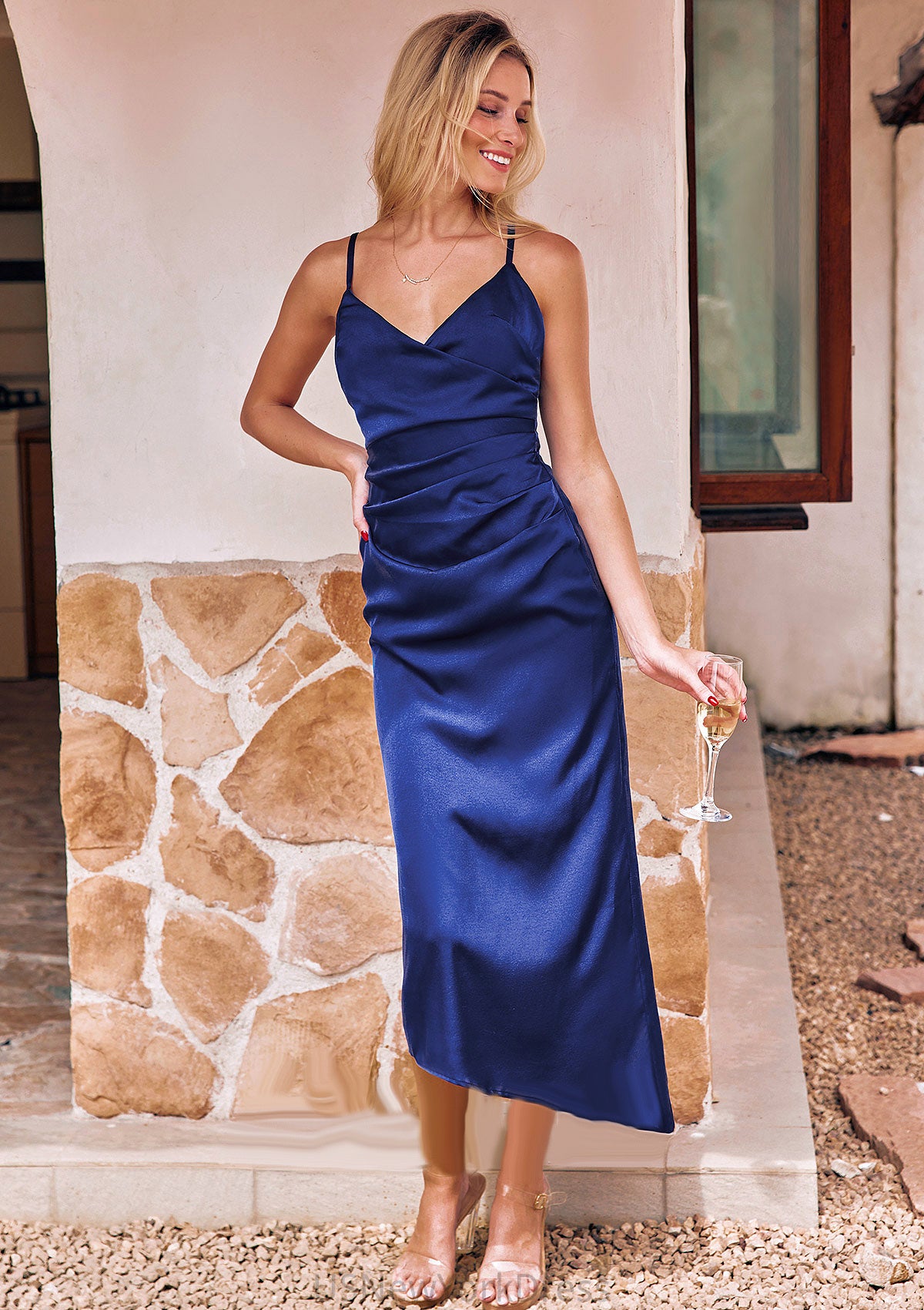 Sheath/Column V Neck Sleeveless Asymmetrical Stretch Satin Bridesmaid Dresses with Pleated Charlee DJP0025245