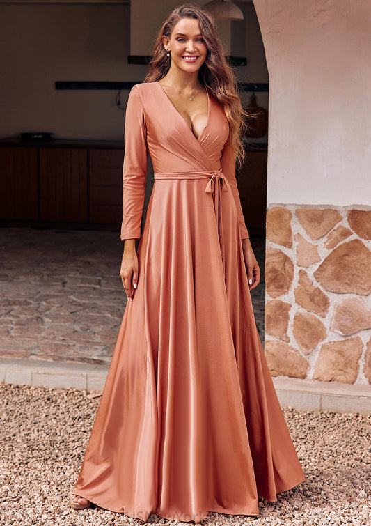 A-line V Neck Full/Long Sleeve Floor-Length Jersey Bridesmaid Dresses with Pleated Sashes Raven DJP0025246