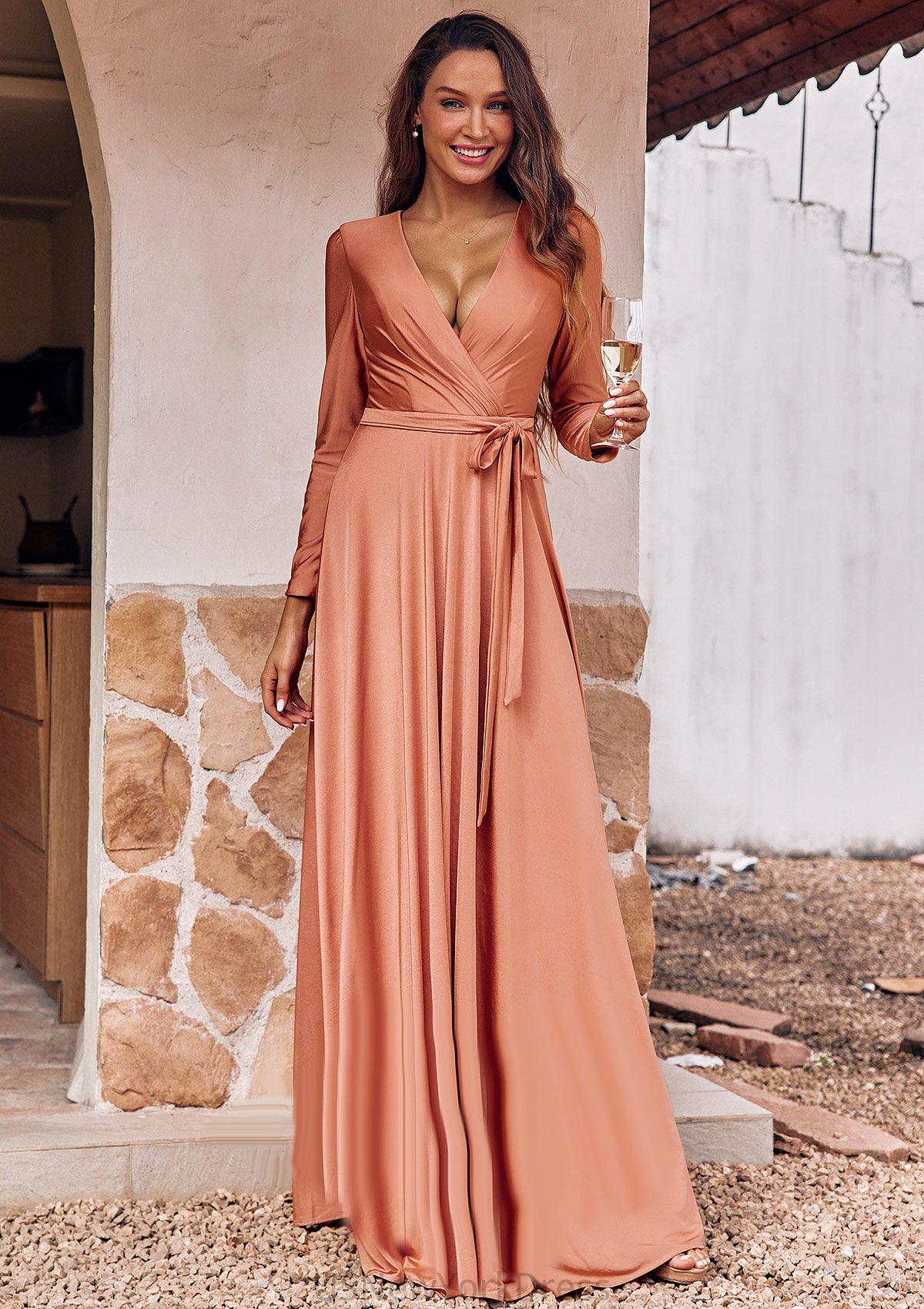 A-line V Neck Full/Long Sleeve Floor-Length Jersey Bridesmaid Dresses with Pleated Sashes Raven DJP0025246