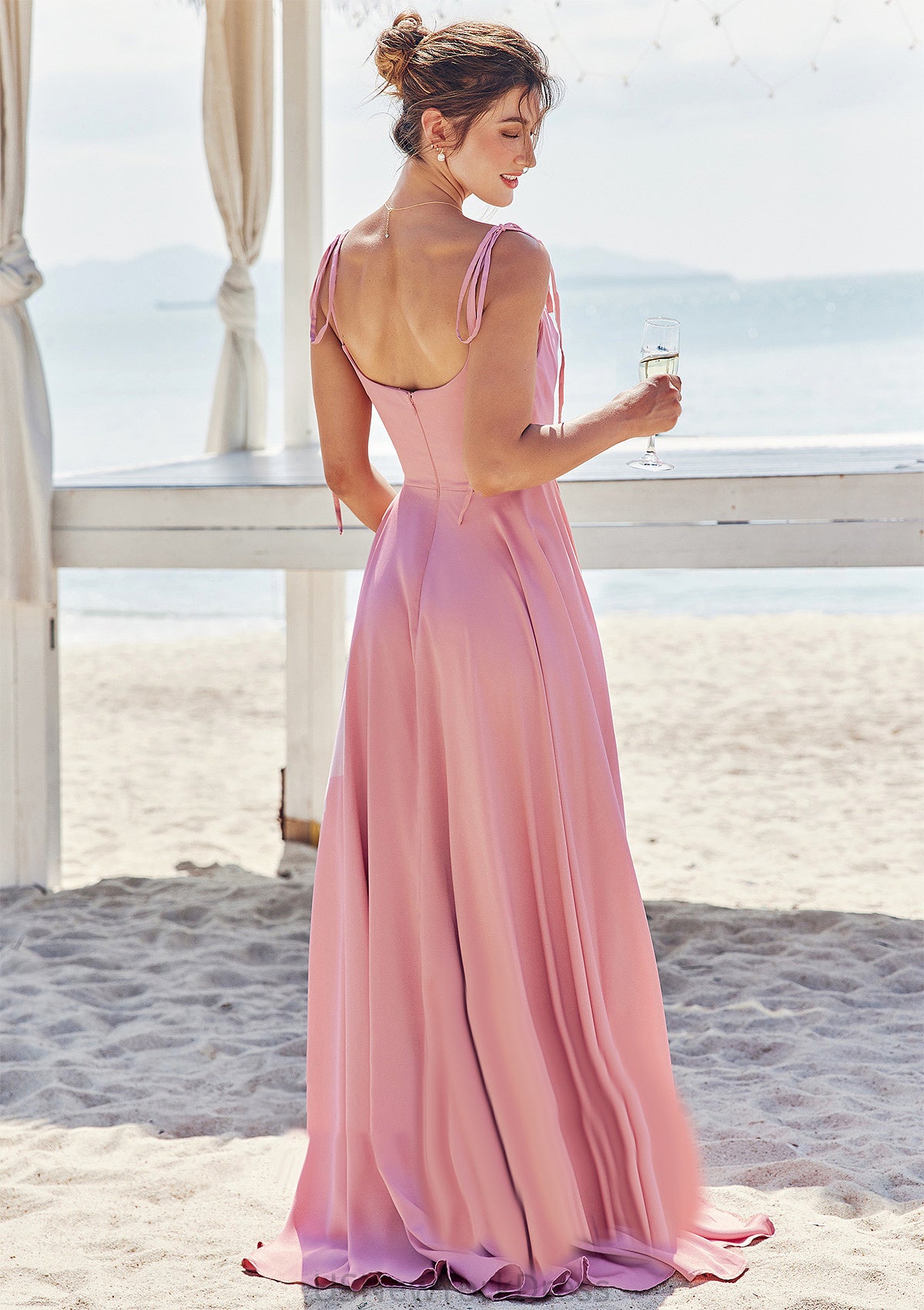 A-line V Neck Sleeveless Floor-Length Stretch Satin Bridesmaid Dresses with Split Rebecca DJP0025247