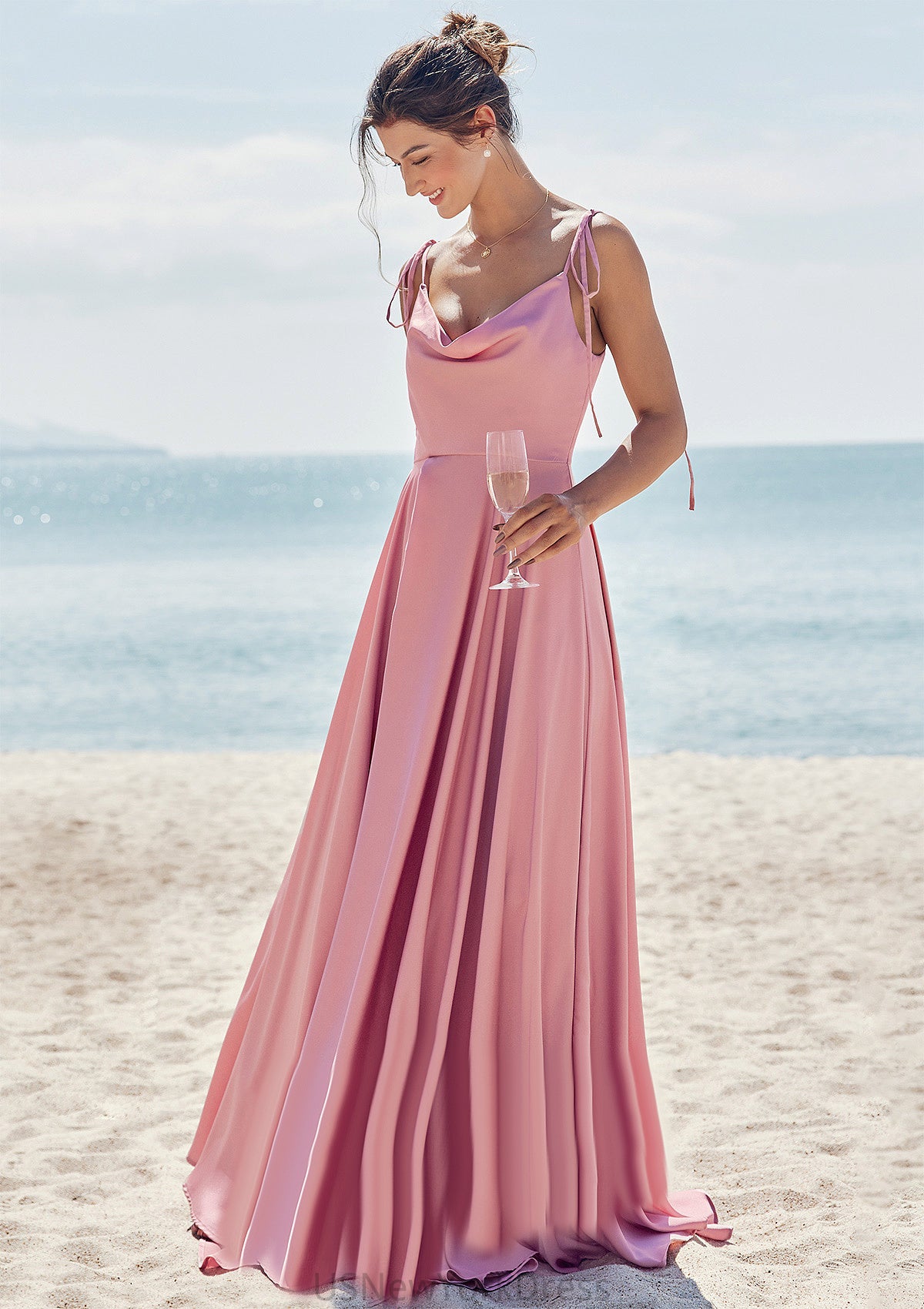 A-line V Neck Sleeveless Floor-Length Stretch Satin Bridesmaid Dresses with Split Rebecca DJP0025247