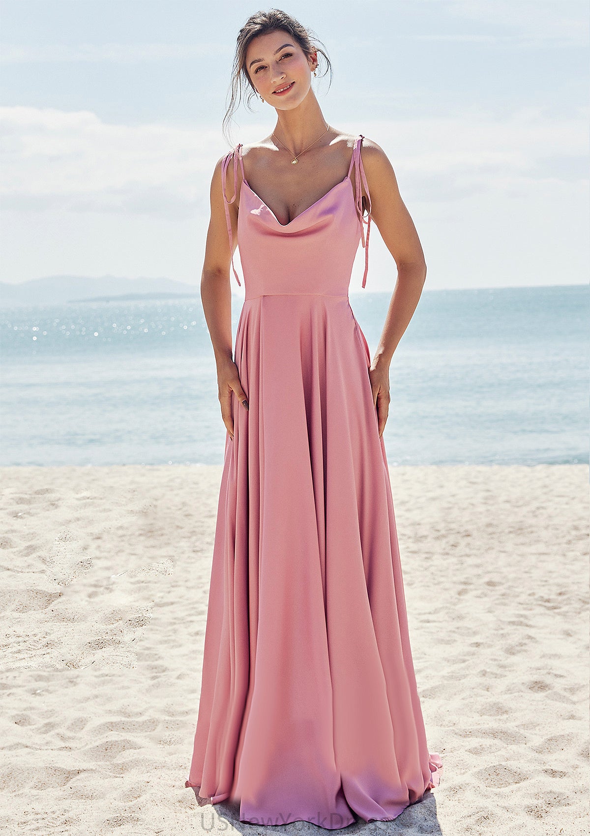 A-line V Neck Sleeveless Floor-Length Stretch Satin Bridesmaid Dresses with Split Rebecca DJP0025247