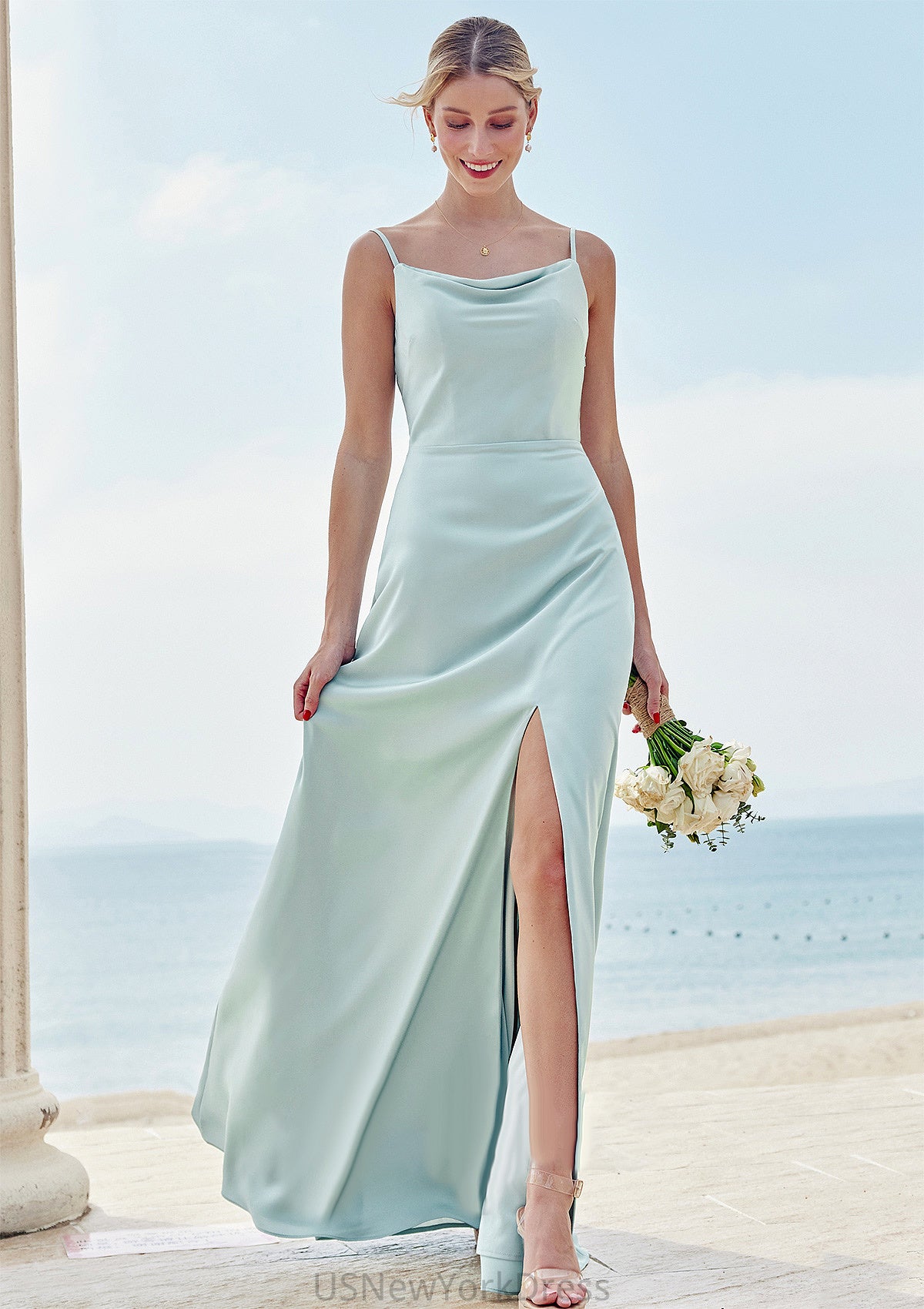 A-line Square Neckline Sleeveless Floor-Length Stretch Satin Bridesmaid Dresses with Split Reese DJP0025248