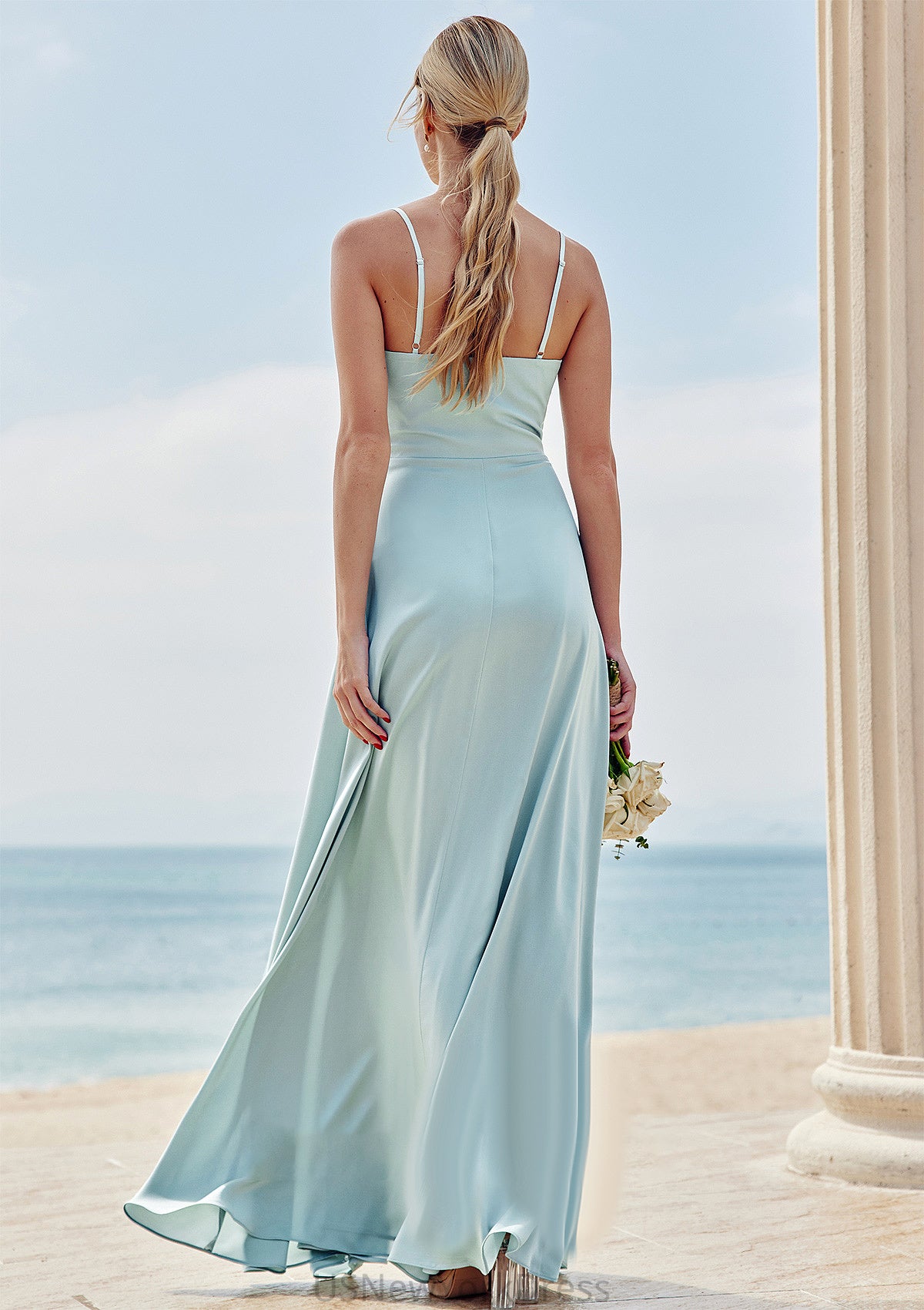 A-line Square Neckline Sleeveless Floor-Length Stretch Satin Bridesmaid Dresses with Split Reese DJP0025248