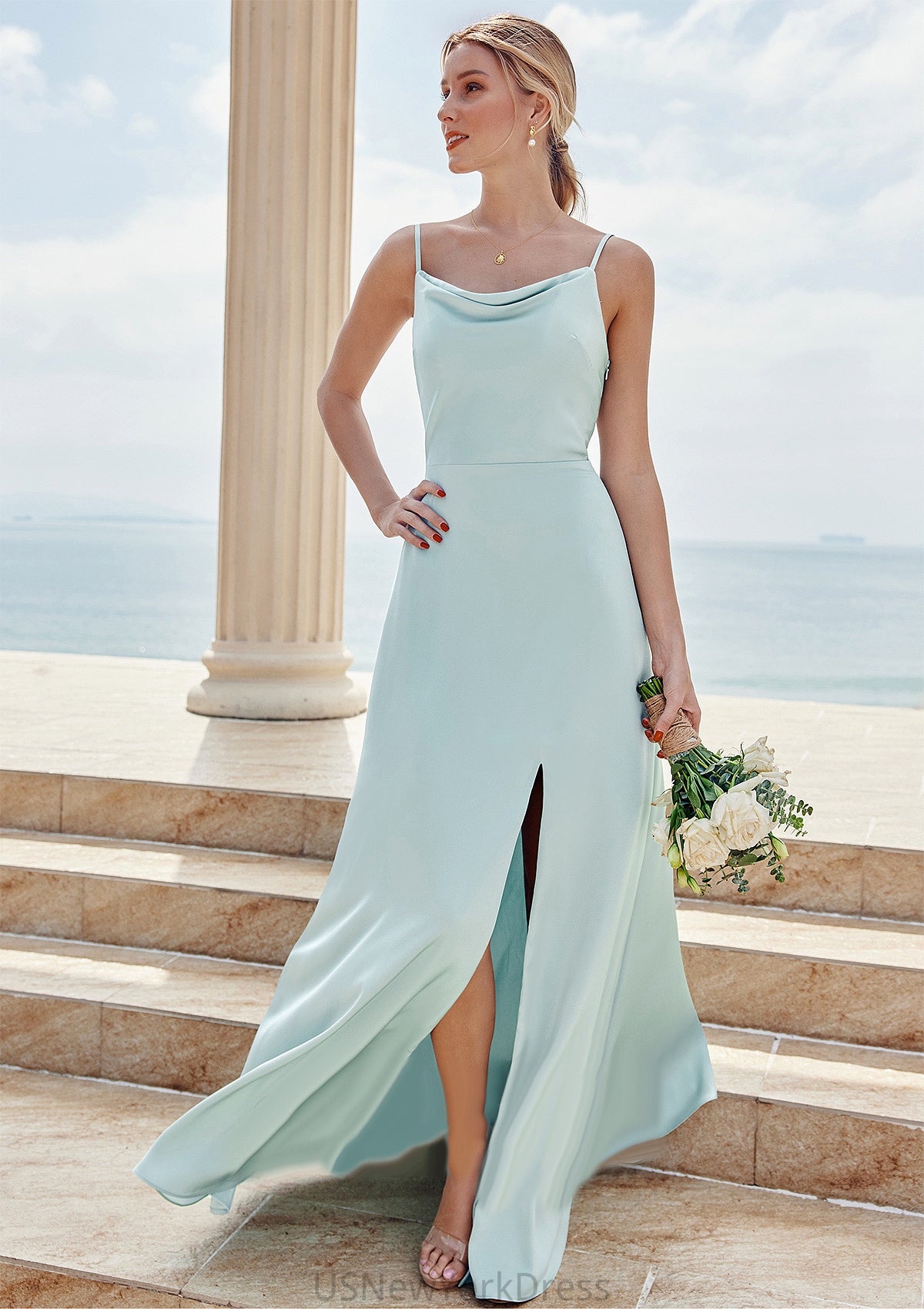 A-line Square Neckline Sleeveless Floor-Length Stretch Satin Bridesmaid Dresses with Split Reese DJP0025248