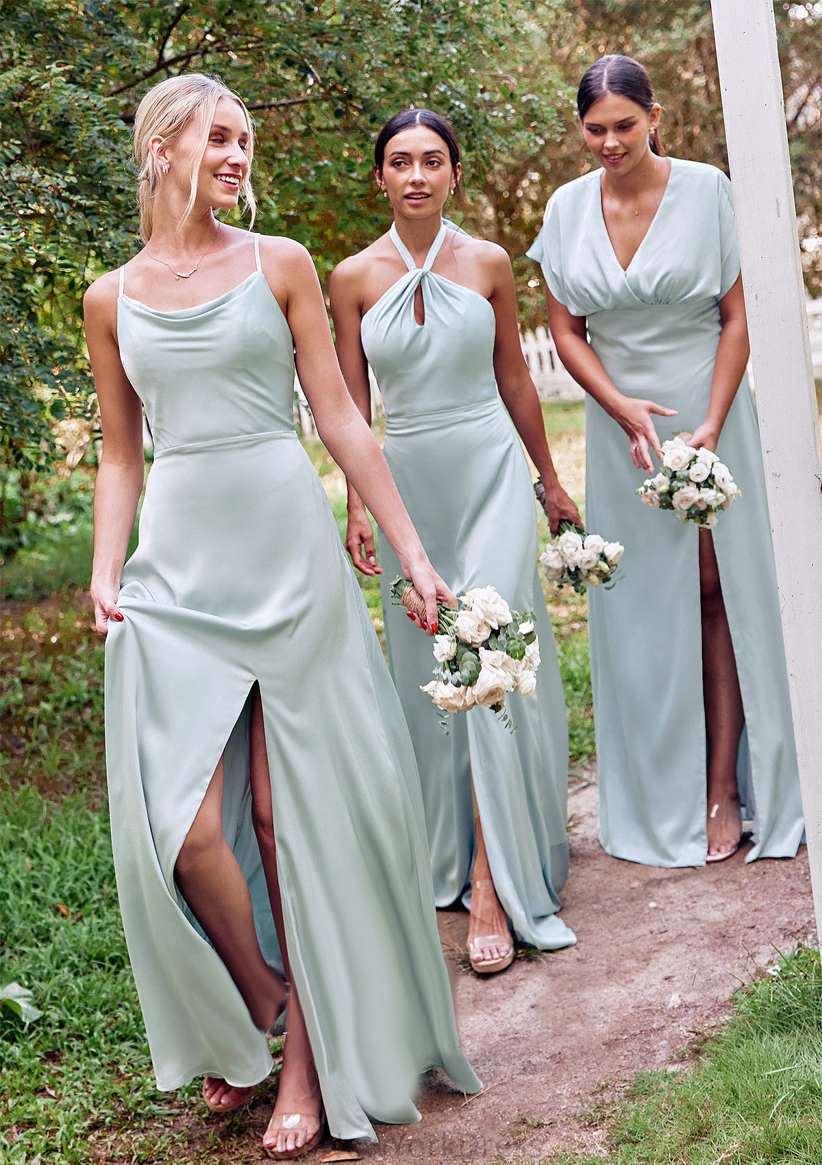 A-line Square Neckline Sleeveless Floor-Length Stretch Satin Bridesmaid Dresses with Split Reese DJP0025248