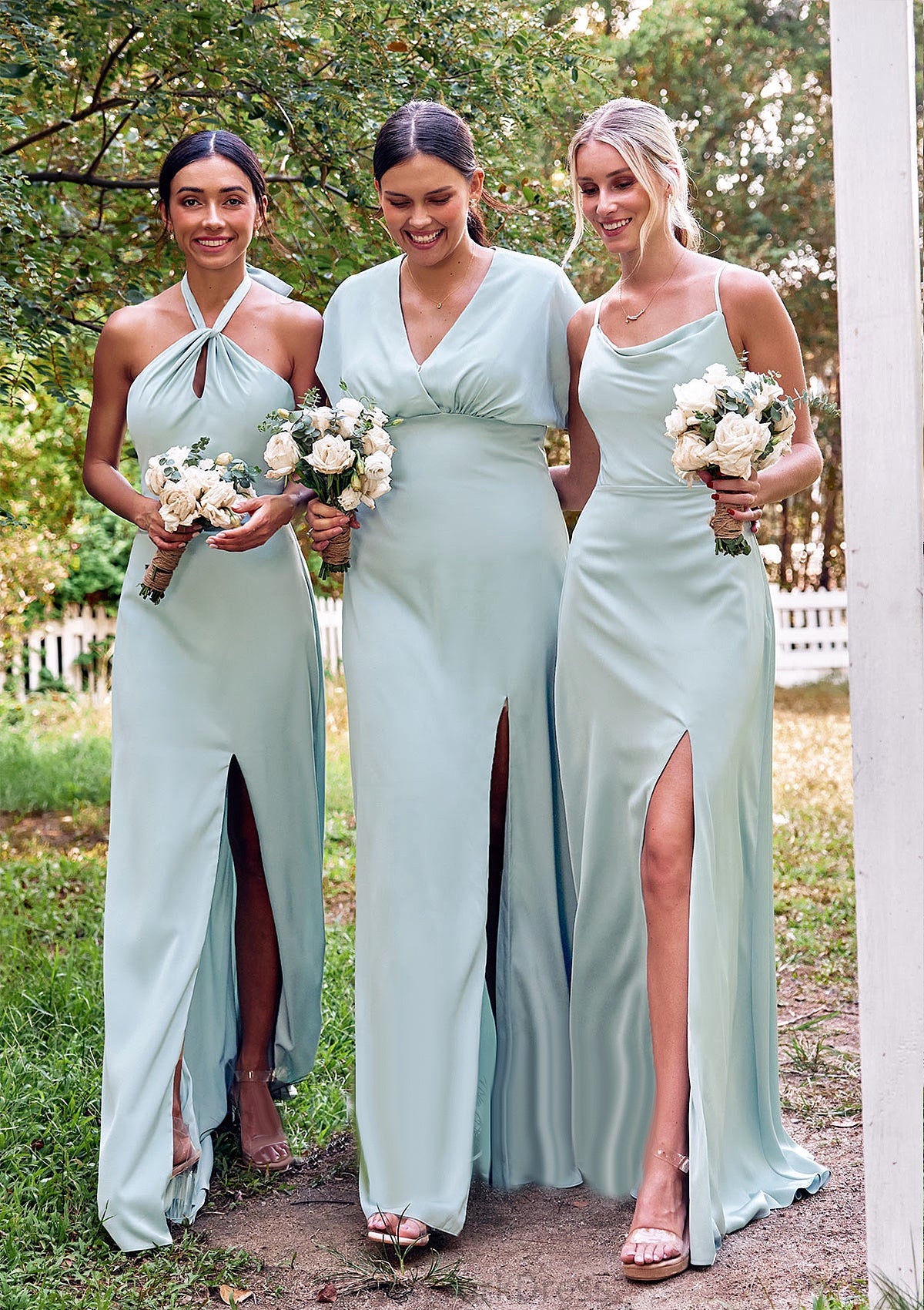 A-line Square Neckline Sleeveless Floor-Length Stretch Satin Bridesmaid Dresses with Split Reese DJP0025248